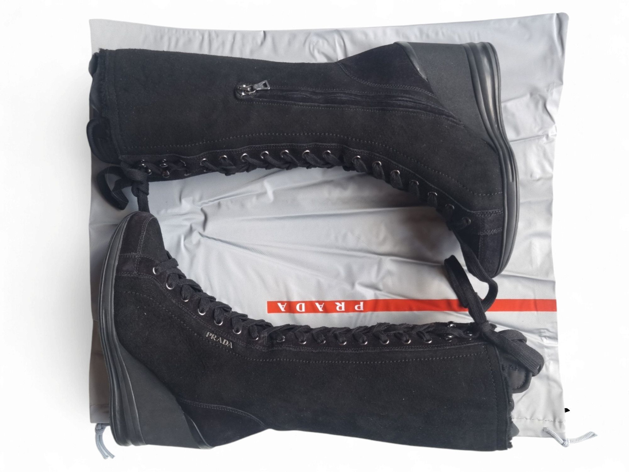 Prada Box Prada Suede Sheepskin Wedge Lace Up Leather Upper Boots Size US 6 / IT 36 - 1 Thumbnail