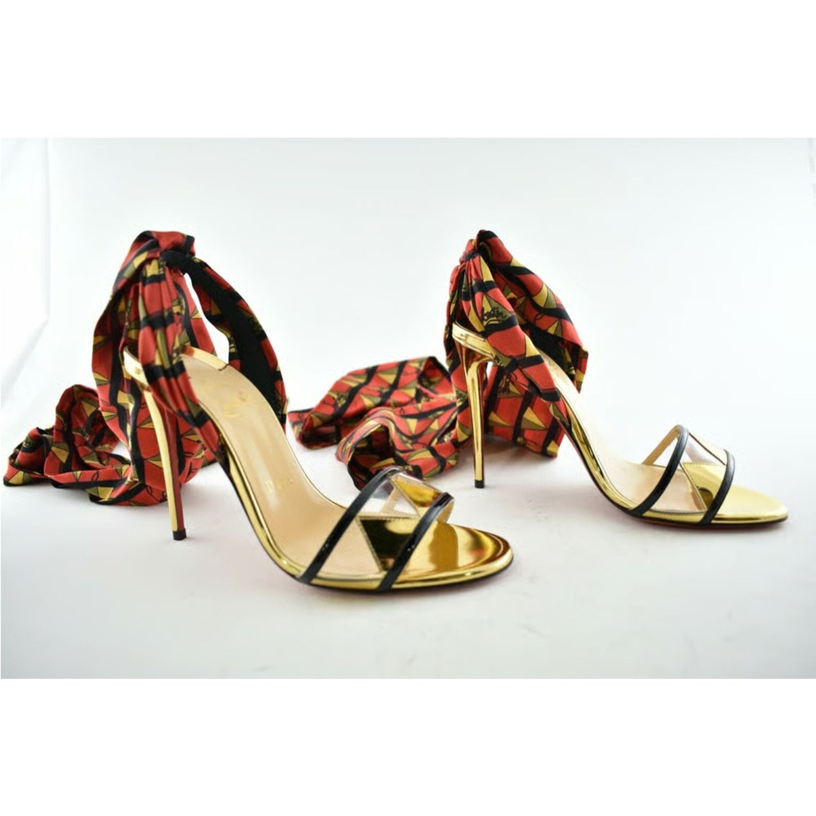 Christian Louboutin Baigneuse 100 Black Gold Red PVC Lace Up Sandal Heel Pump 37 Size US 7 / IT 37 - 4 Thumbnail