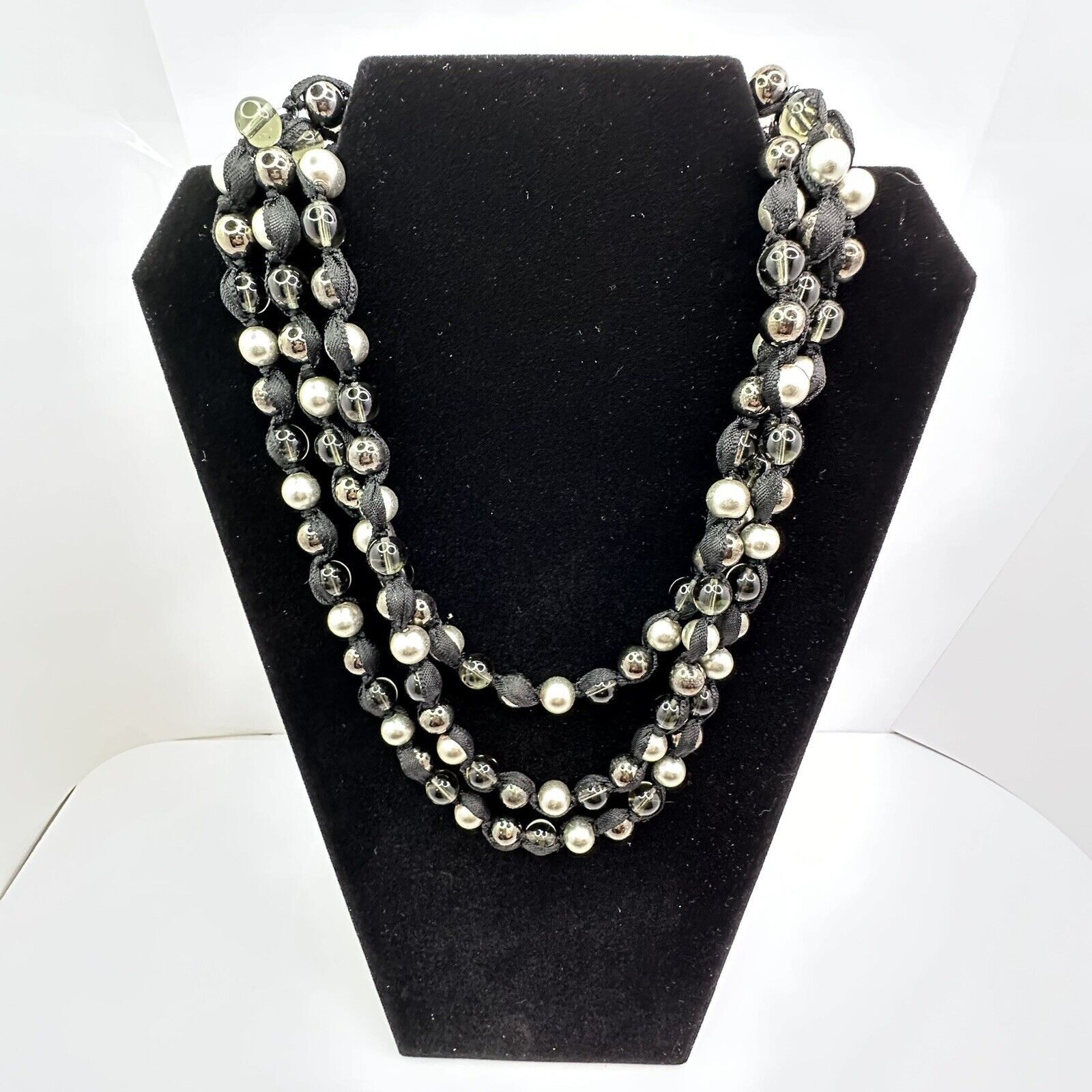 Other MultiStrand Ribbon Necklace Silver Blk Clear Glass Beads 22" Size ONE SIZE - 2 Thumbnail