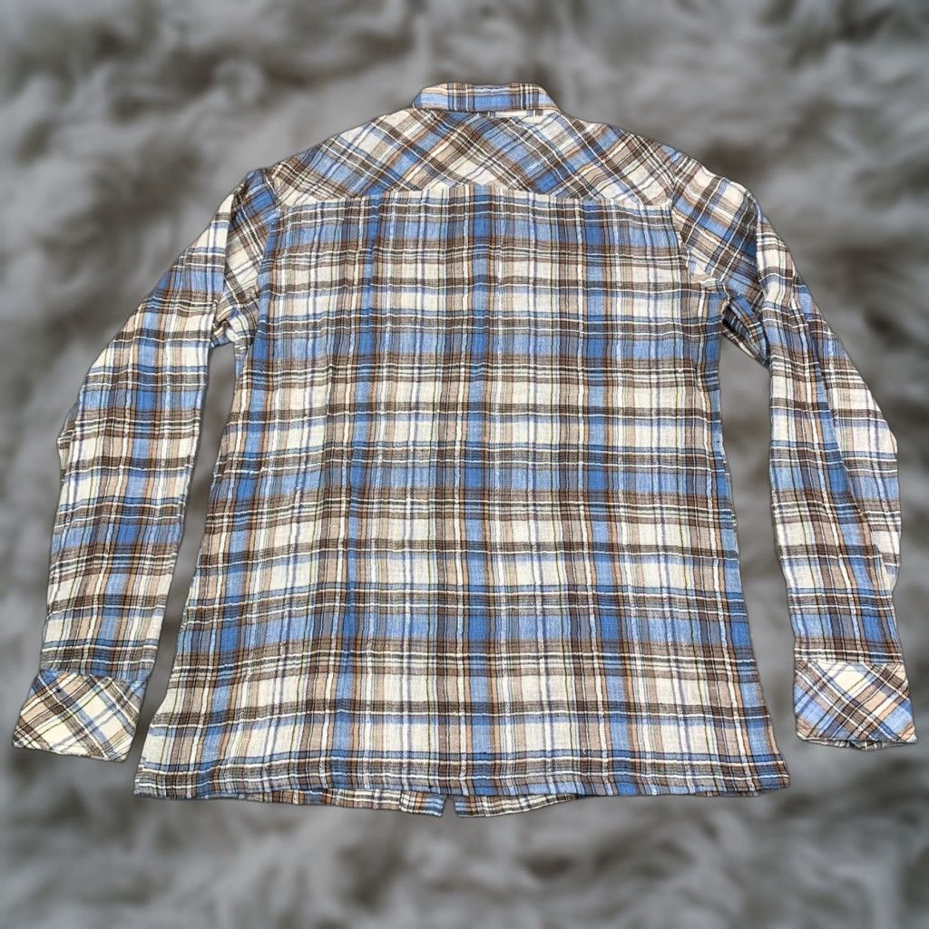 VINTAGE Brahma 70s Disco Shirt L Men Button-Up Cotton Blue Textured Grid Pattern Collared Pockets Slim Regular Size