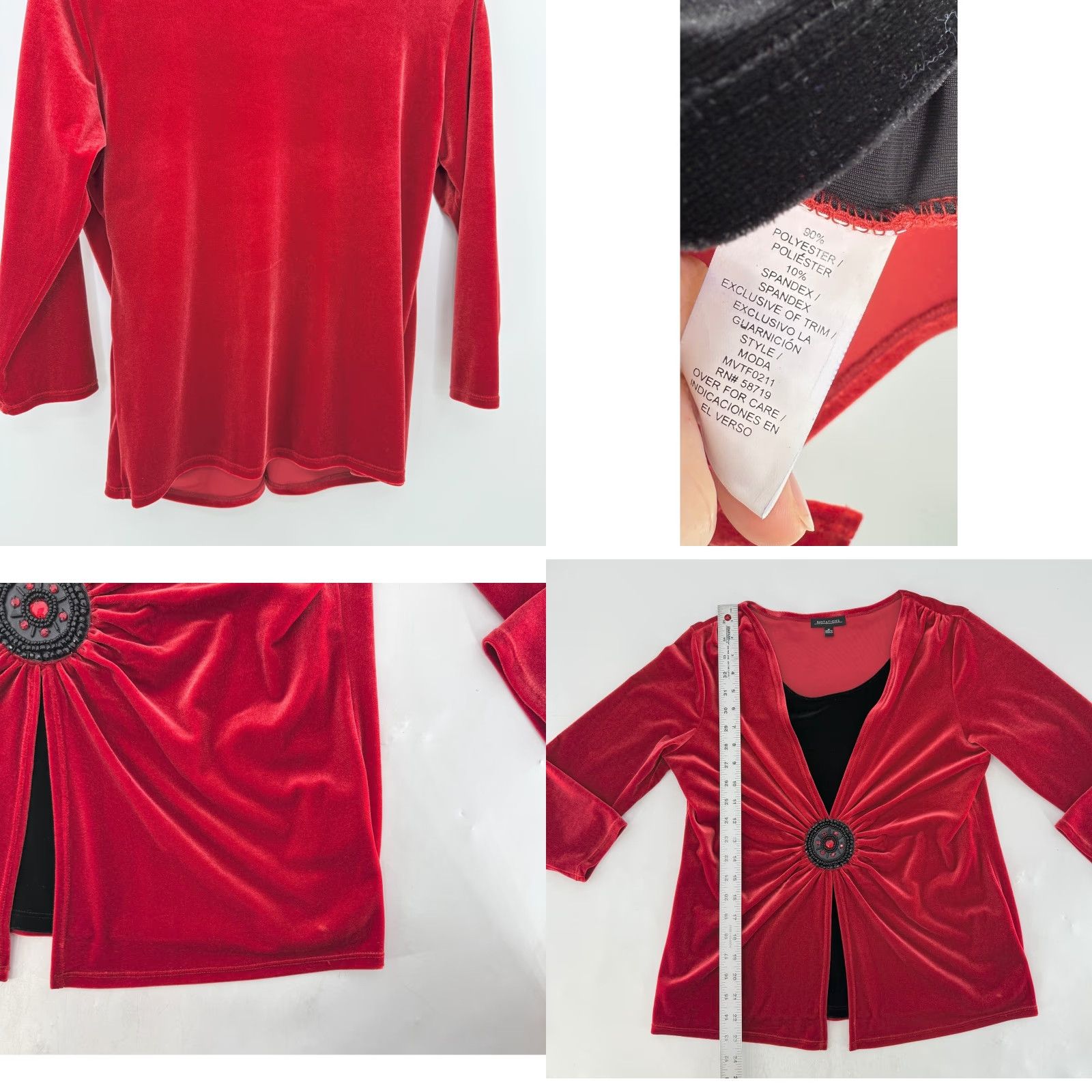 Vintage NOTATIONS Red Velvet 3/4 Sleeve V-Neck Top Blouse Women M Dressy Beaded Buckle Embellished Stretch Tunic Size M / US 6-8 / IT 42-44 - 8 Thumbnail