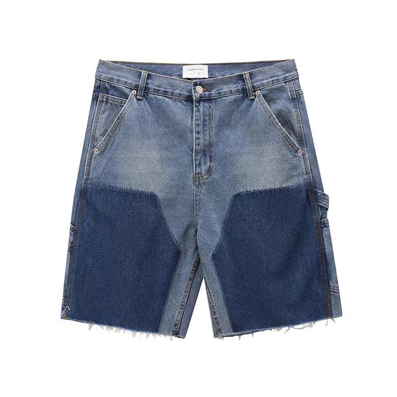 High street patchwork raw edge logging denim shorts