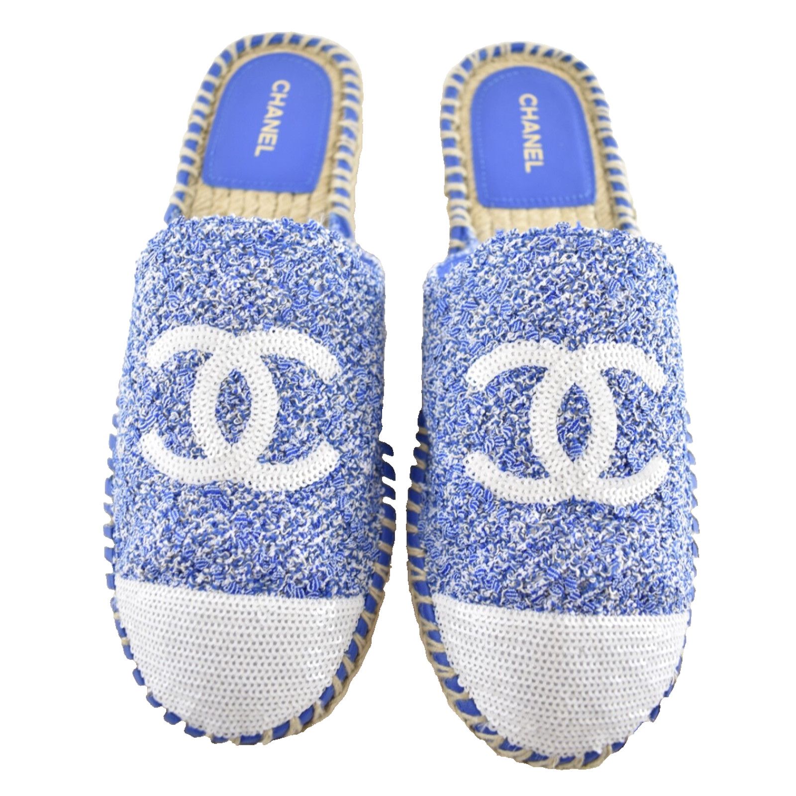 Chanel Chanel 24P Blue Tweed White Sequin CC Logo Backless Size US 10 / IT 40 - 1 Thumbnail