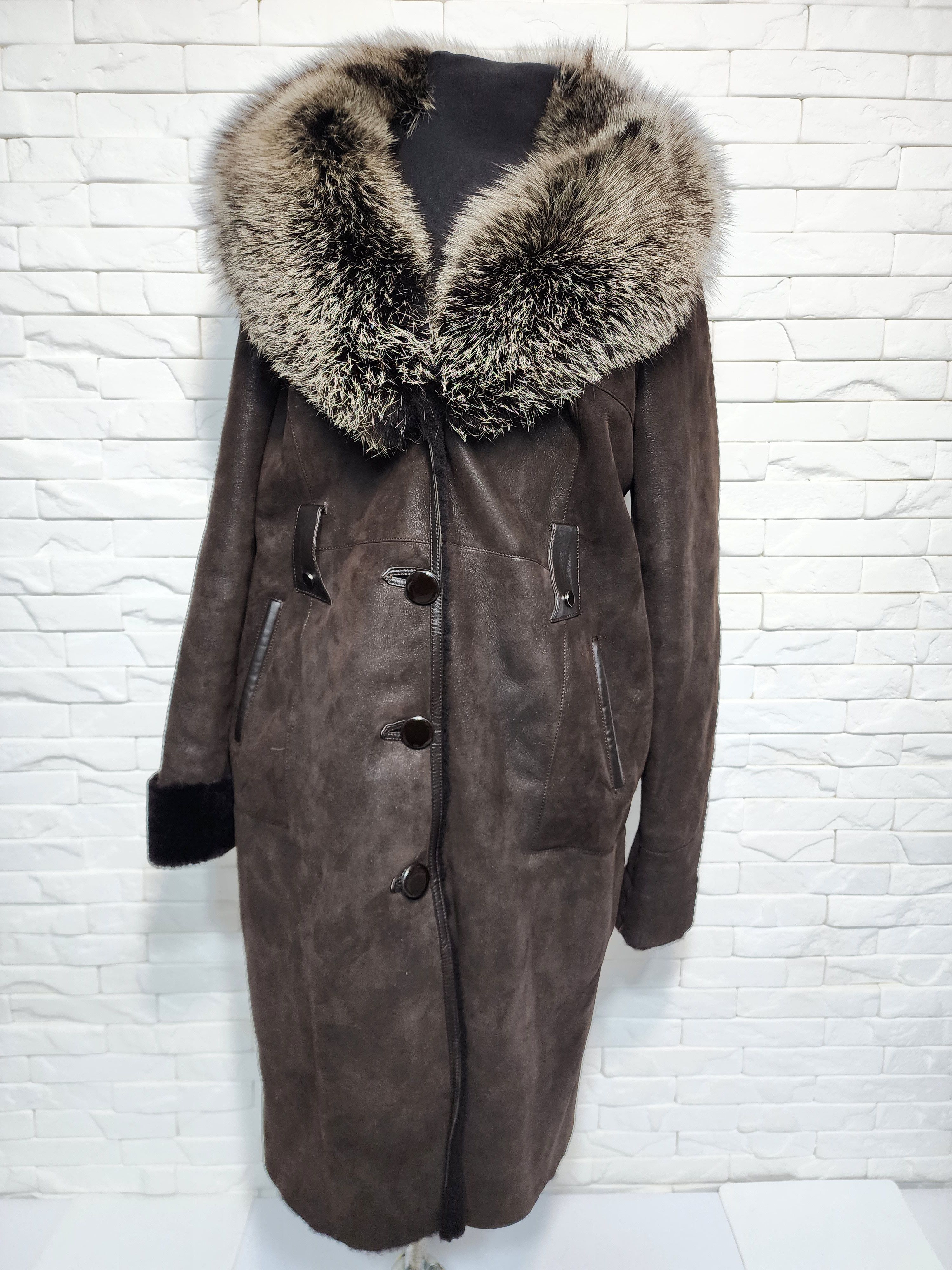 Genuine Leather Women's Brown Sheepskin Coat: Genuine Fur Collar Size XXL / US 16-18 / IT 52-54 - 1 Thumbnail