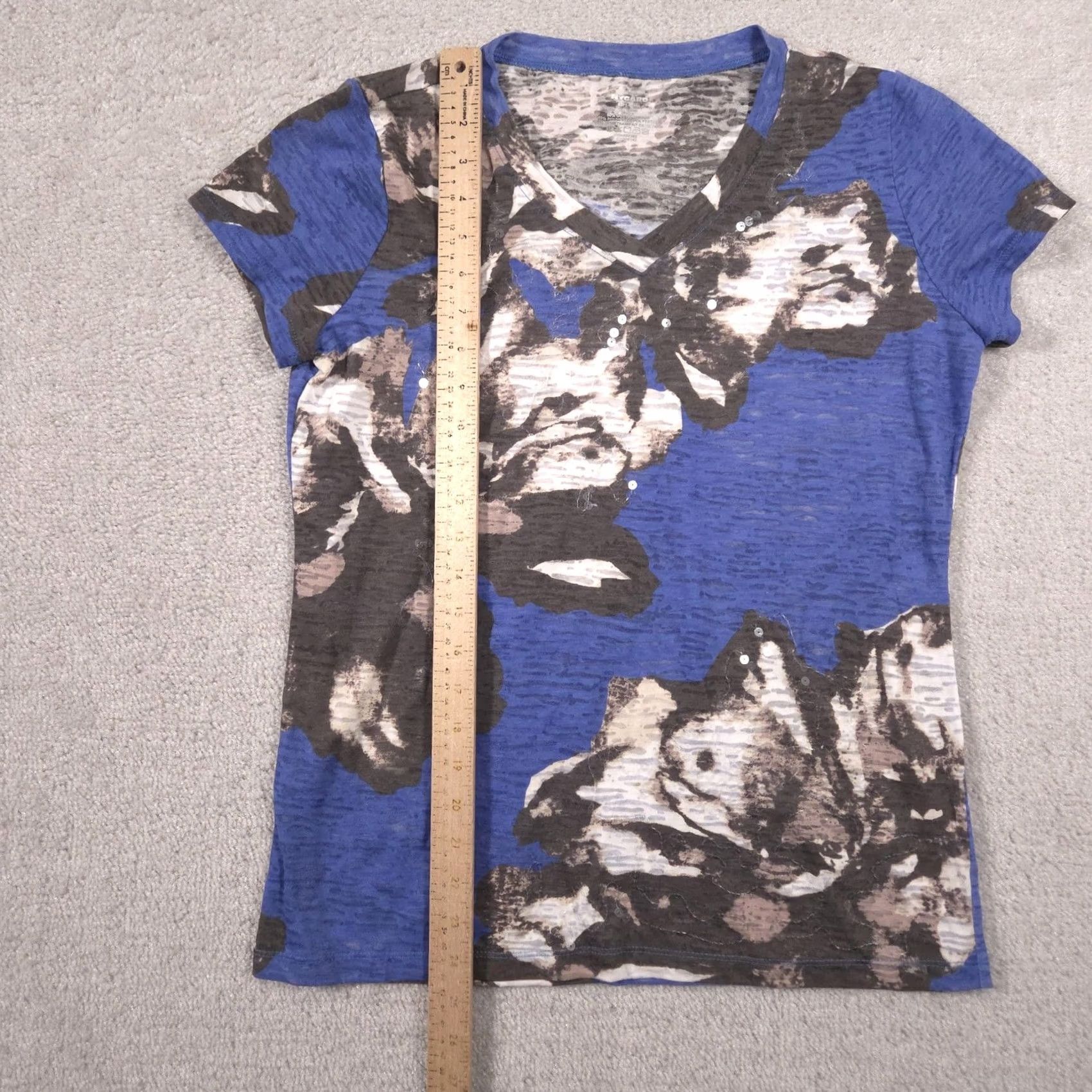 Vintage Nygard Shirt Womens S Blue Floral Sequin V Neck Short Sleeve Burnout Top Size S / US 4 / IT 40 - 6 Thumbnail