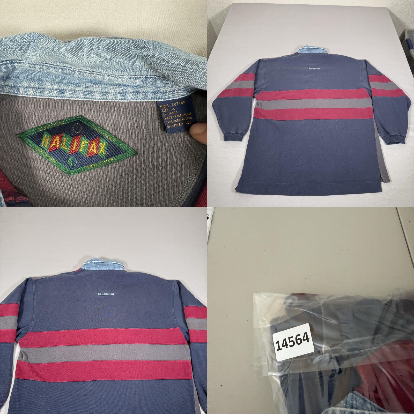 Vintage VINTAGE Halifax Polo Men XL Blue Gray Striped Rugby Heavyweight 100% Cotton Denim Collar 90s Mens Size US XL / EU 56 / 4 - 8 Thumbnail
