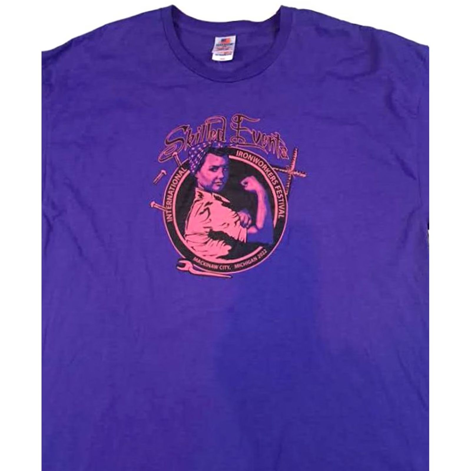 Vintage Bayside T-Shirt International Steel Workers Mackinac Island 2XL Purple USA Short Sleeve Men Regular Shirt Size US XXL / EU 58 / 5 - 3 Thumbnail
