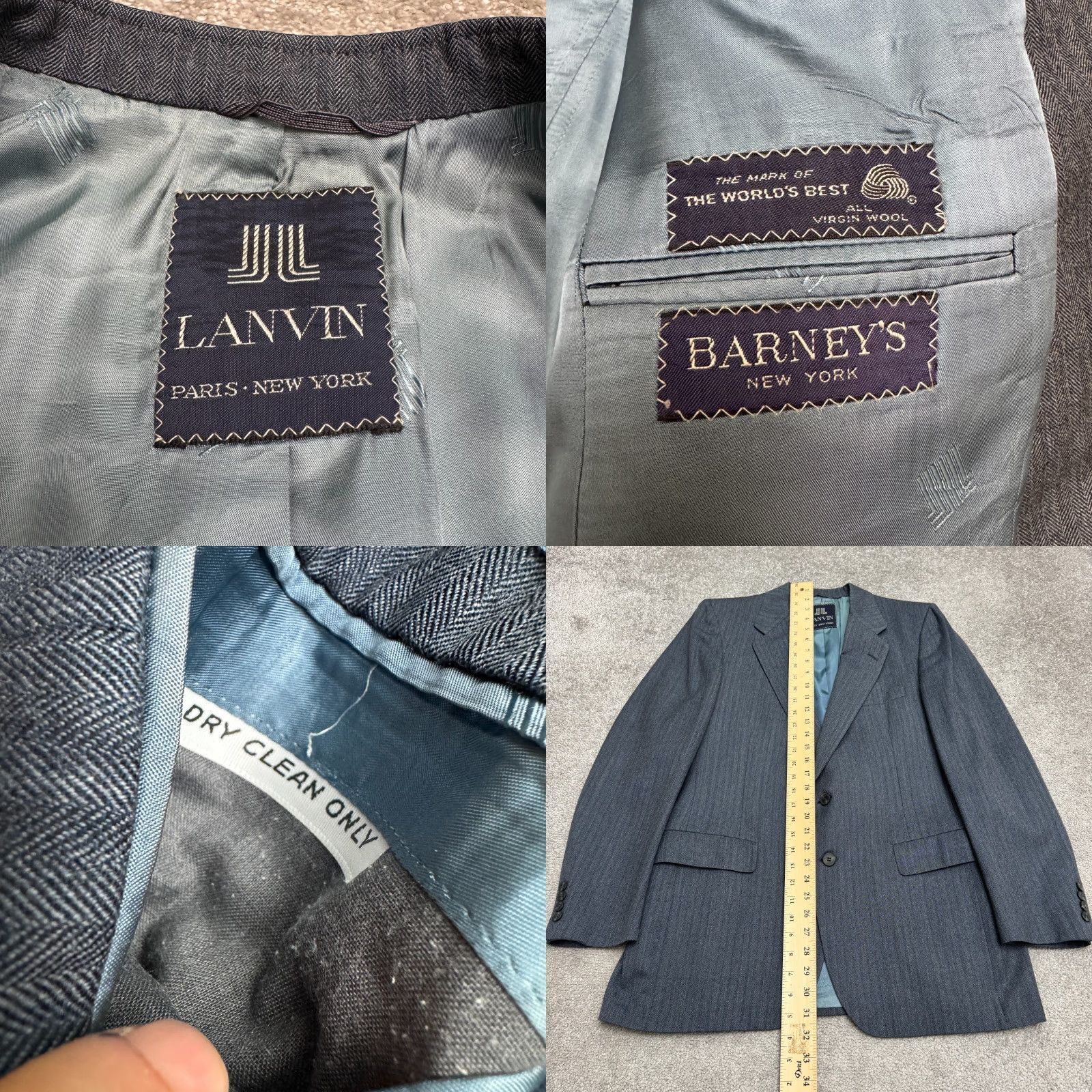 Lanvin VINTAGE Lanvin Barneys NY Wool Blazer Jacket Men Gray Herringbone Notch Single-Breasted 2-Button Dry Clean Only Regular-Fit Chest 40 Size 40R - 8 Thumbnail