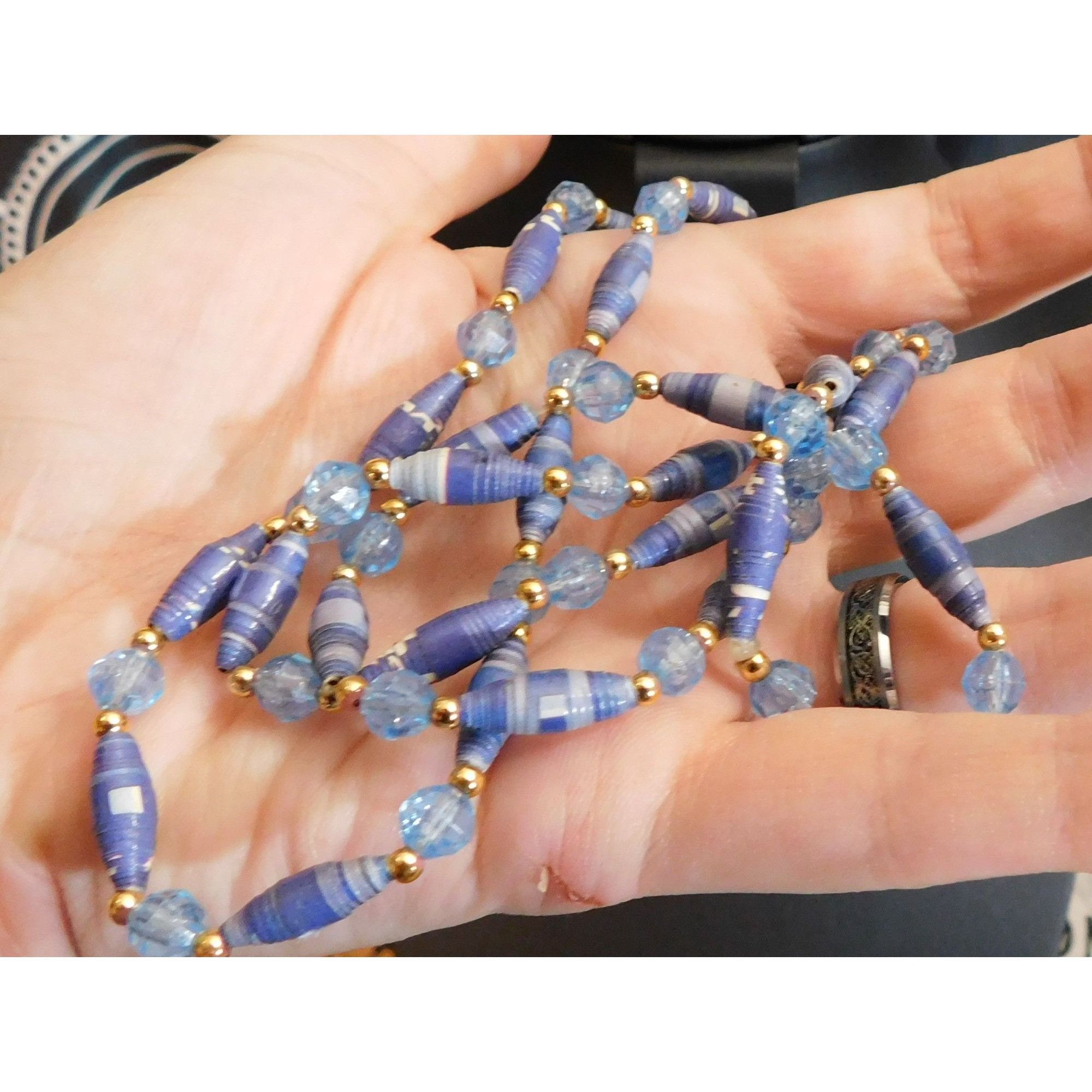 Handmade Handmade Blue Paper Wrap Bead Necklace With Gold Tone Accent Size ONE SIZE - 4 Thumbnail