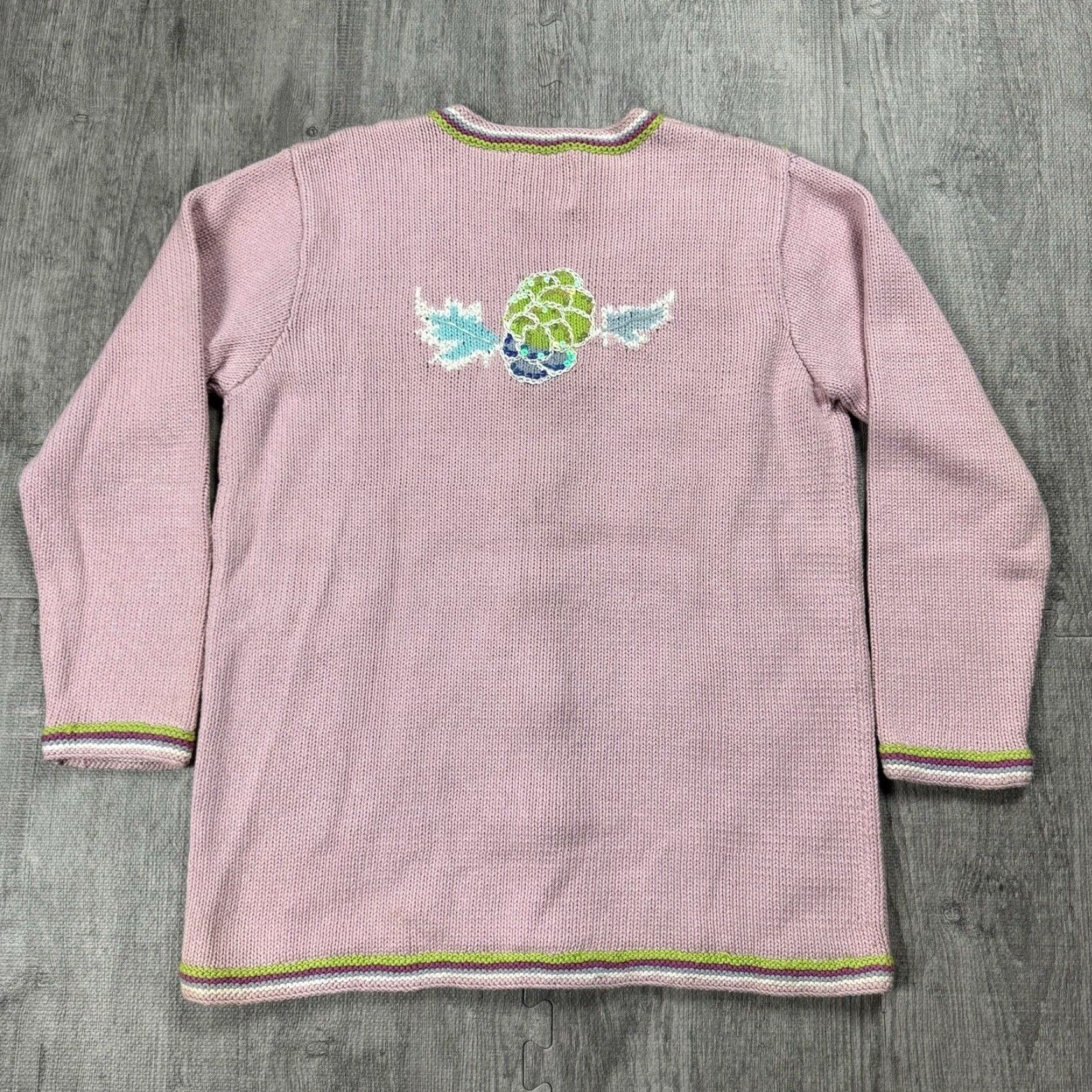 Vintage VINTAGE Storybook Knits Floral Beaded Cardigan Sweater Adult Medium Pink Green Art Size M / US 6-8 / IT 42-44 - 7 Thumbnail