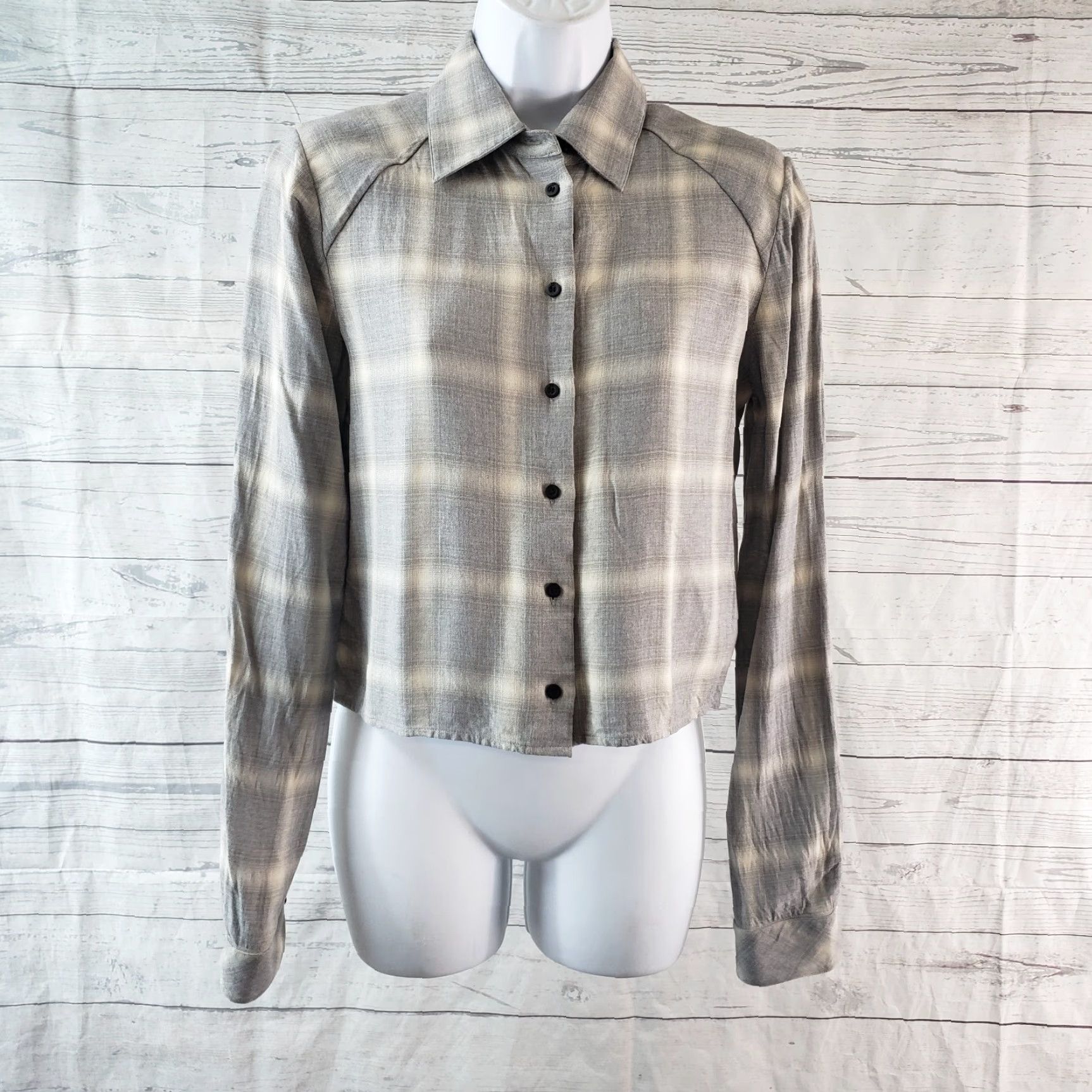 Vintage R+A Womens Button Front Crop Top XS Gray Plaid Long Sleeve Rayon Shirt Size XS / US 0-2 / IT 36-38 - 2 Thumbnail