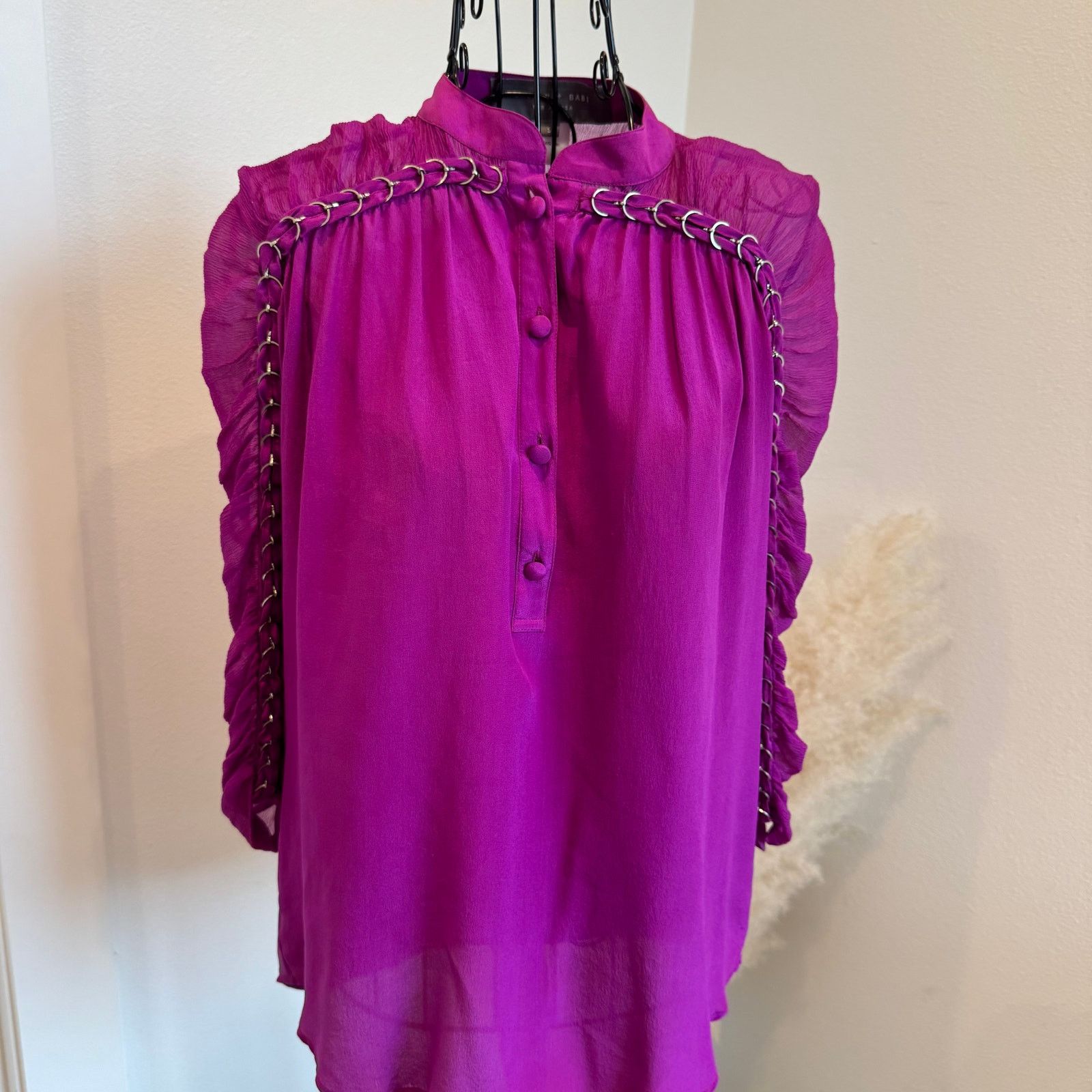 Sachin & Babi Sachin & Babi Silk Mock Neck Purple Sheer Ruched Sleeve Top Size S / US 4 / IT 40 - 1 Thumbnail