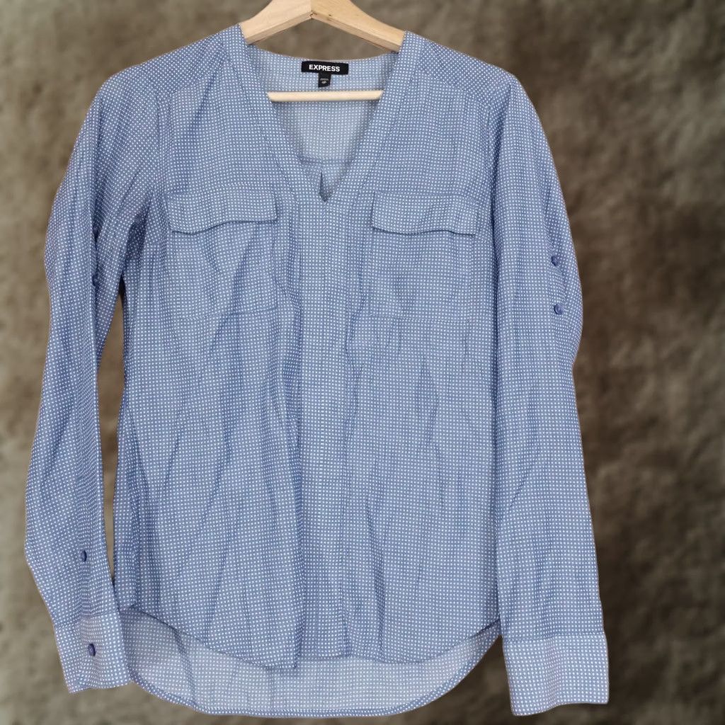 Express Express Blouse Womens XS Blue Polka Dot V-Neck Roll Tab Sleeve Lightweight Top Size XS / US 0-2 / IT 36-38 - 1 Thumbnail