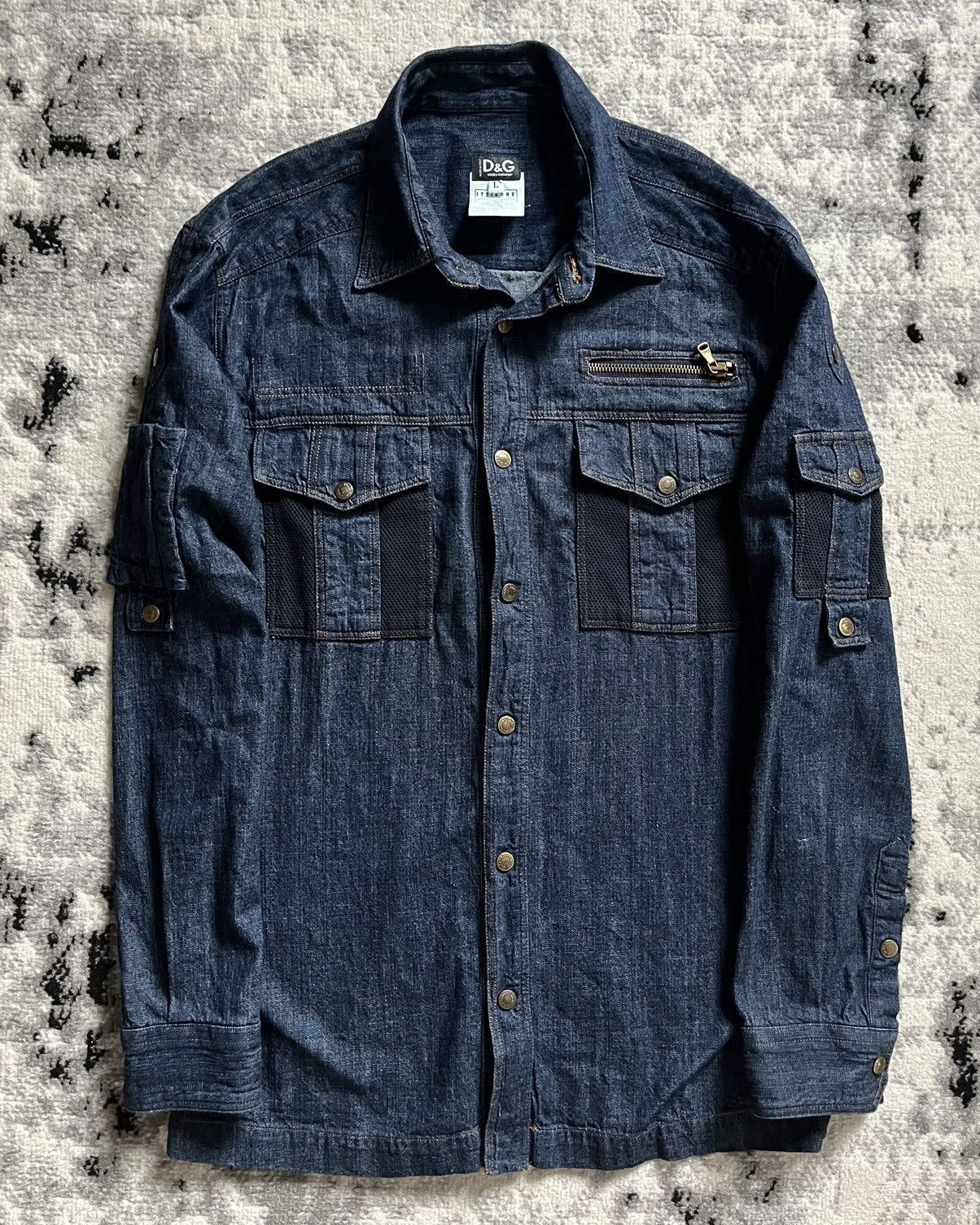 image of Archival Clothing x Dolce Gabbana Ss03 Dolce & Gabbana Cargo Combat Denim Shirt in Blue (Size Large