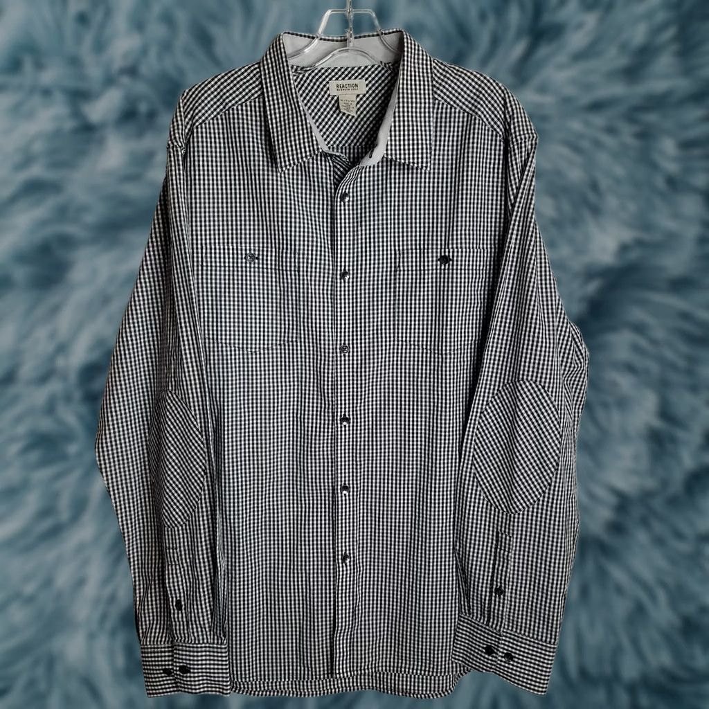 Kenneth Cole Reaction Shirt Mens 1XL Black Plaid Long Sleeve Button Down, Men's