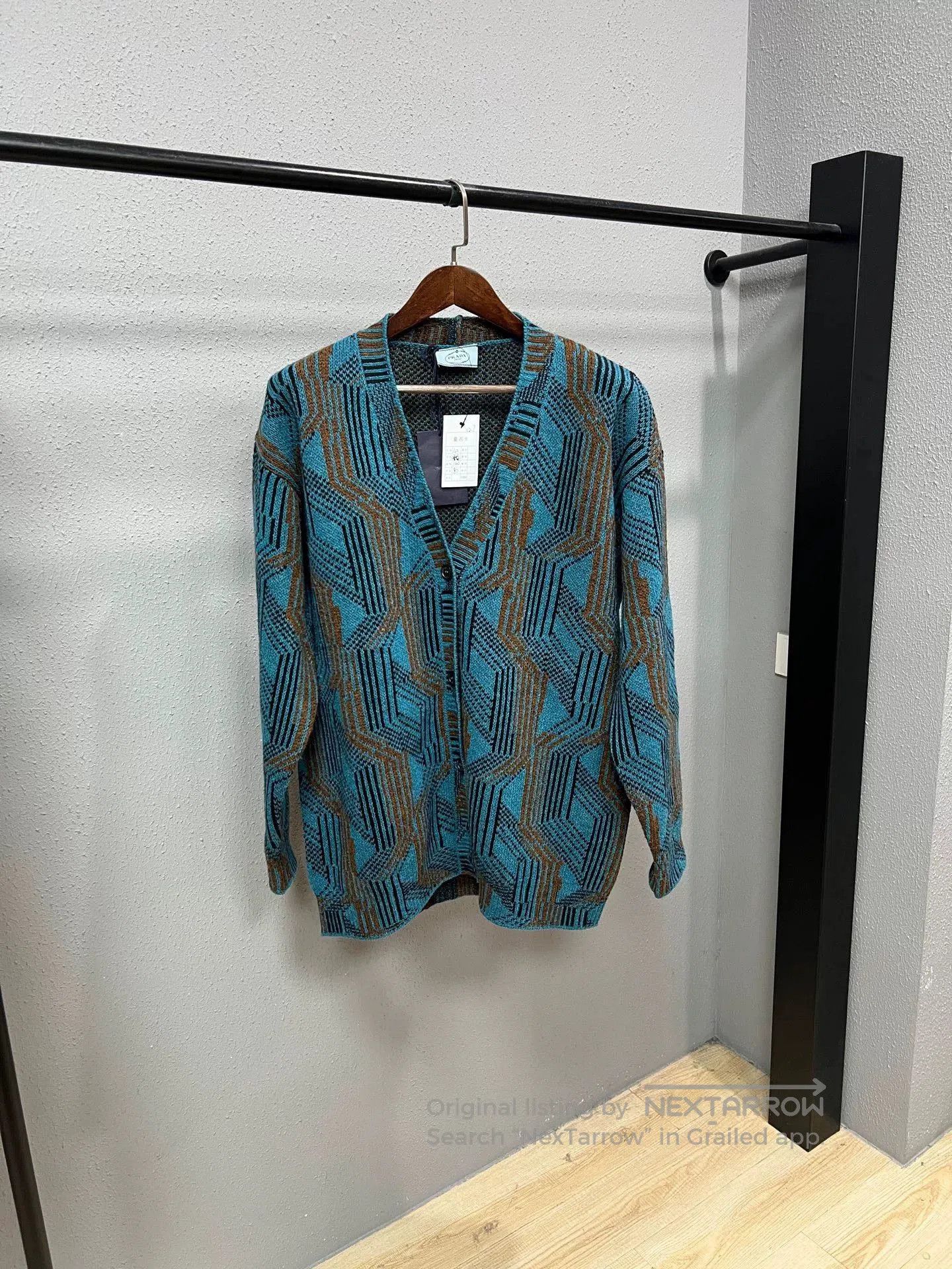 Prada Geometric Pattern Cardigan in Teal and Brown.