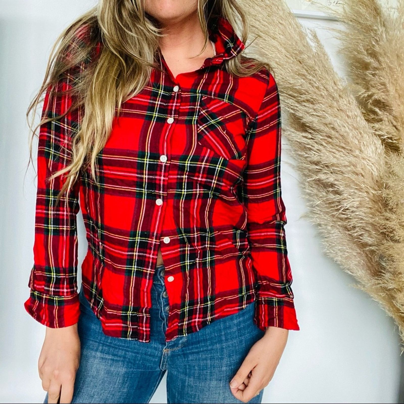Old Navy OLD NAVY Red White Green Plaid Flannel Button Shirt Top Size S / US 4 / IT 40 - 3 Thumbnail