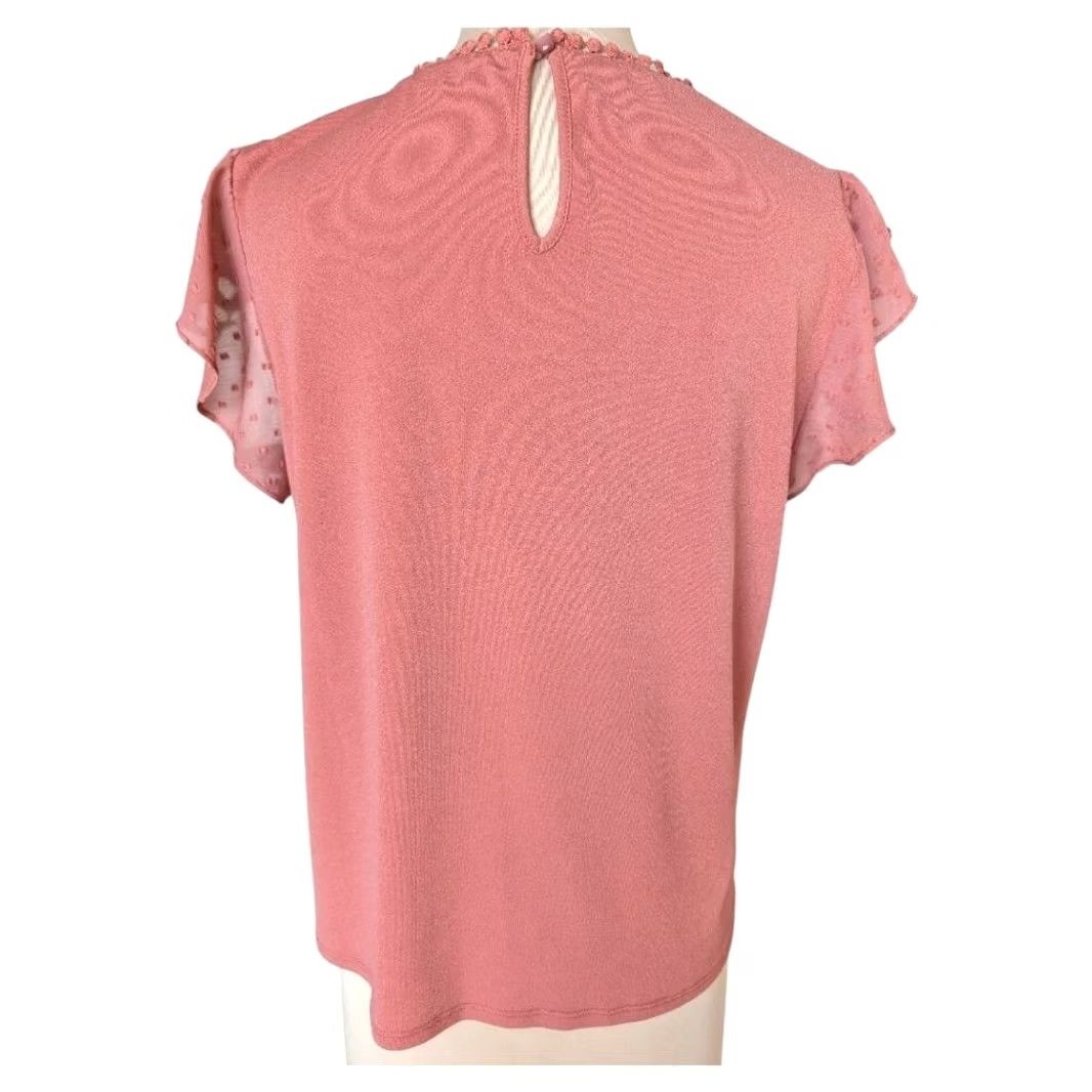 Vintage Dusty Rose Swiss Dot Short Flutter Sleeve Blouse Top Crochet Lace Trim Size M Womens Blouse Crochet Lace Pink Chiffon Solid Bohemian Vintage No Size M / US 6-8 / IT 42-44 - 2 Thumbnail