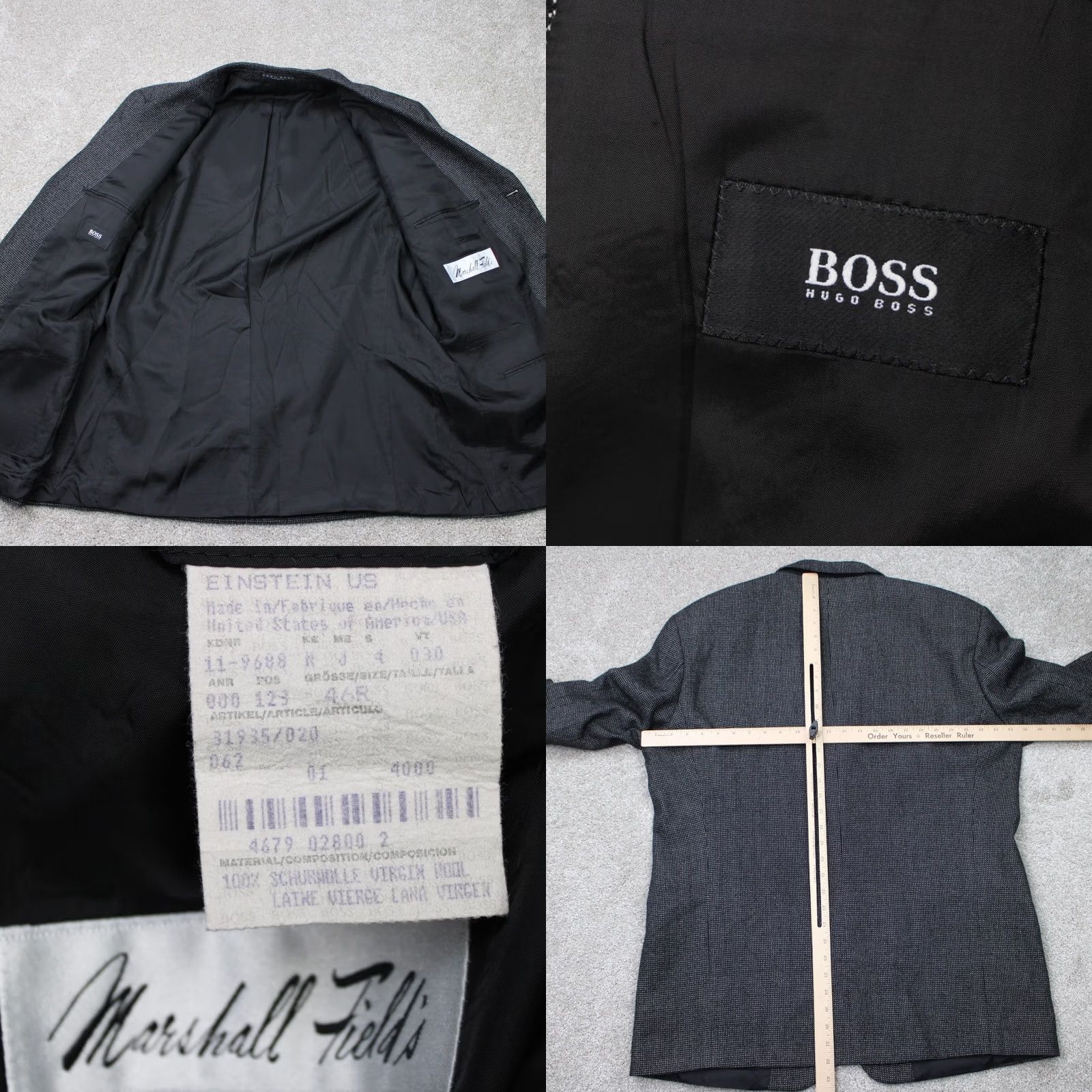 Hugo Boss HUGO BOSS Blazer Mens 44R Black Wool 3 Button Single-Breasted Jacket, Notch Lapel, Tweed, Dry Clean Only, Regular Fit, Vintage? No Size 44R - 8 Thumbnail