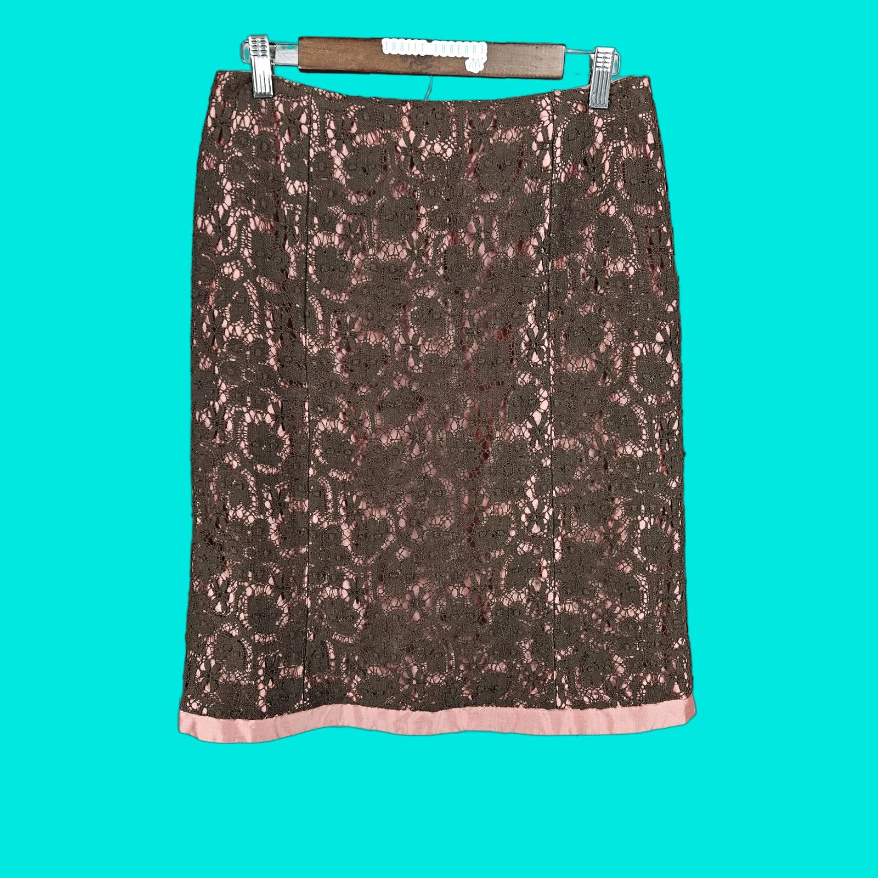 Pinko VINTAGE Harold's Skirt Pencil Knee Length Silk Crochet Lace Overlay Pink 8 Women's Boho 90s Netural? Size 30" / US 8 / IT 44 - 1 Thumbnail