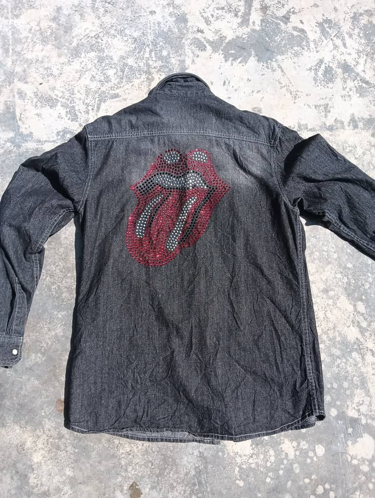 Image of Band Tees x The Rolling Stones Rolling Stones Nice Shiny Button Western Pearl Snap in Denim (Size S