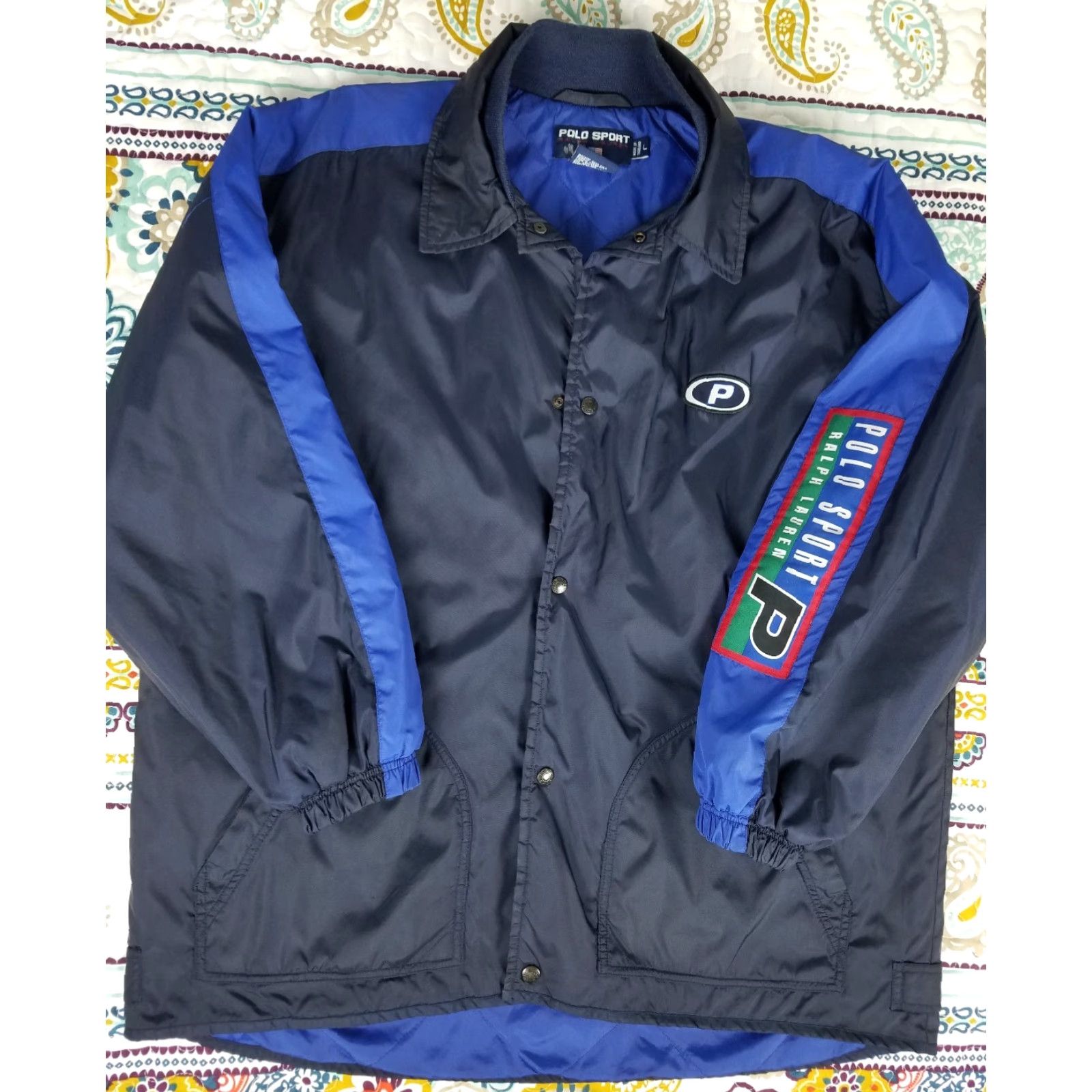 Ralph Lauren VINTAGE Ralph Lauren Polo Sport Stadium Windbreaker Jacket L Mens Blue 90s Spell Out Navy Royal Polo Sport Patch Back Neck 32in 27in pit to pit Size US L / EU 52-54 / 3 - 4 Thumbnail