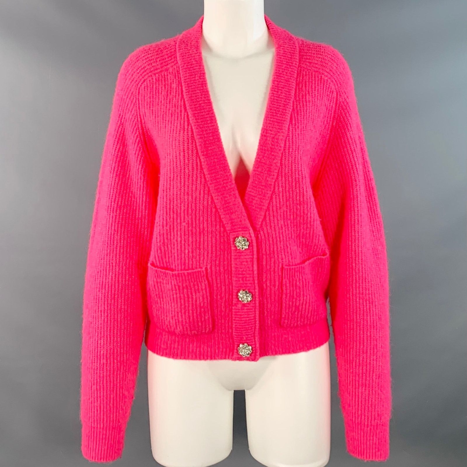 Ganni GANNI M Hot Pink Alpaca Blend Rhinestones Cropped Cardigan Size M / US 6-8 / IT 42-44 - 1 Thumbnail