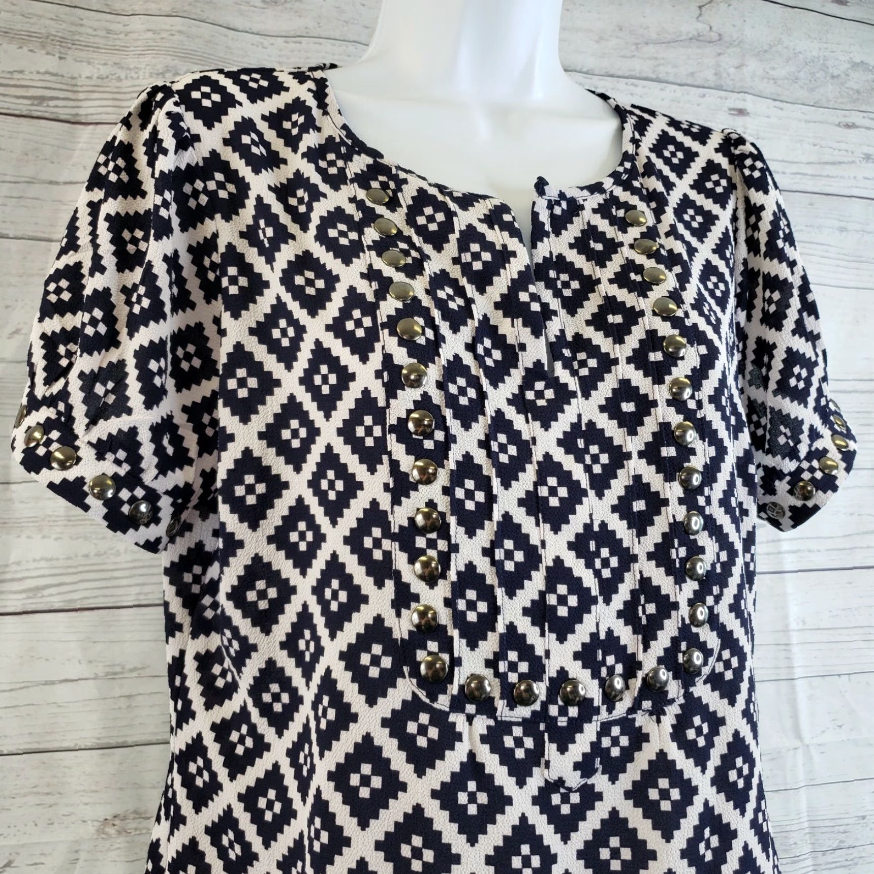 Vintage 41 Hawthorn Womens Moni Studded Top Short Sleeve Sz Small Blue White Blouse Size S / US 4 / IT 40 - 2 Thumbnail