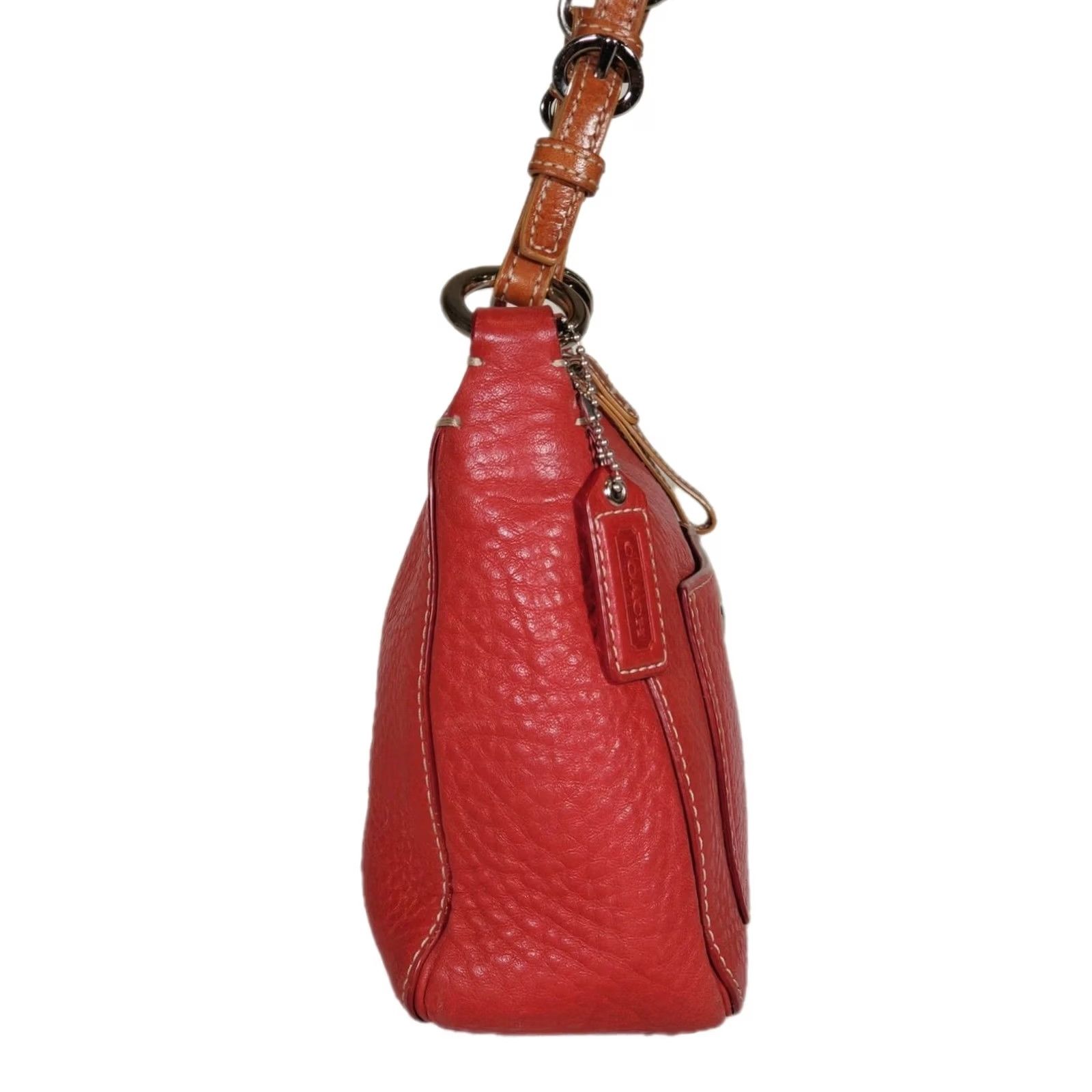 Coach VINTAGE COACH Chelsea Hobo Shoulder Bag 8E99 Red Pebbled Leather Caramel Brown Strap Chelsea Hobo Shoulder Bag Women Medium Red 2005 Y2K Size ONE SIZE - 4 Thumbnail