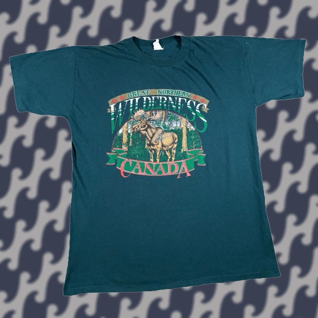 Greats VINTAGE DNS Inc Great Northern Wilderness Canada T-Shirt Mens Green 90s Animal Cartoon Nature Short Sleeve Crew Neck Size L Regular Clip Stain Size US L / EU 52-54 / 3 - 1 Thumbnail