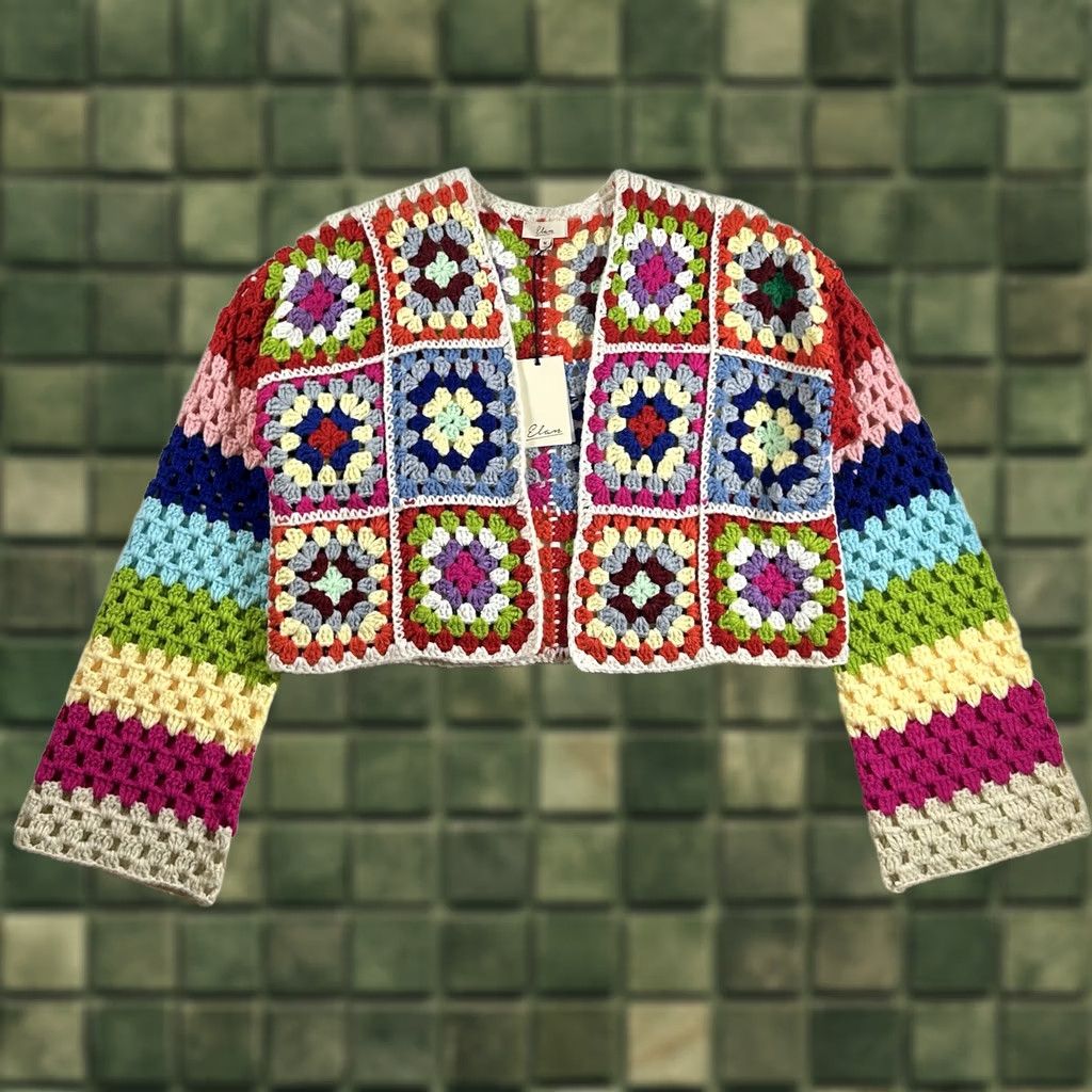 Vintage Elan Cardigan Womens M Rainbow Patchwork Boho Cottagecore Crochet Granny Square Size M / US 6-8 / IT 42-44 - 1 Thumbnail