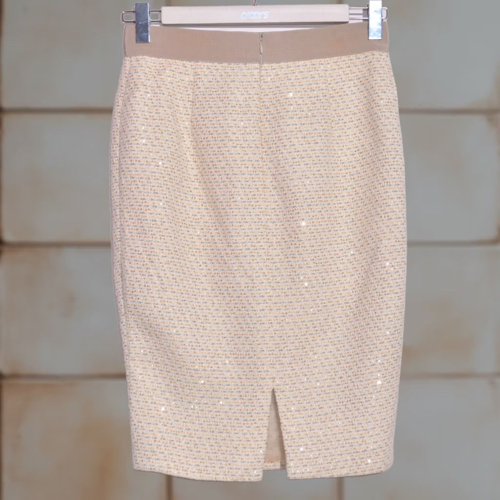 Max Mara Max Mara Pianoforte Tweed Pencil Skirt Beige Cream Gold Sequin Back Slit UK14 Pencil Skirt Womens Beige Gold Sequin Back Slit 14 Womens Size 36" / US 14 / IT 50 - 1 Thumbnail