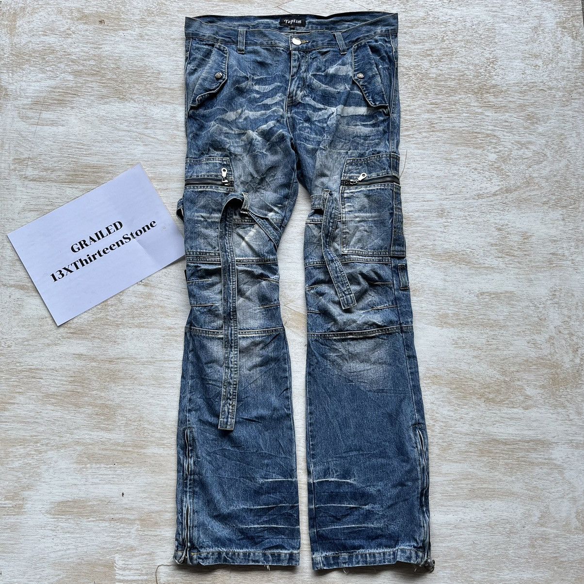 image of Vintage Toplsm Flared Bondage Cargo Jeans in Blue, Men's (Size 34)