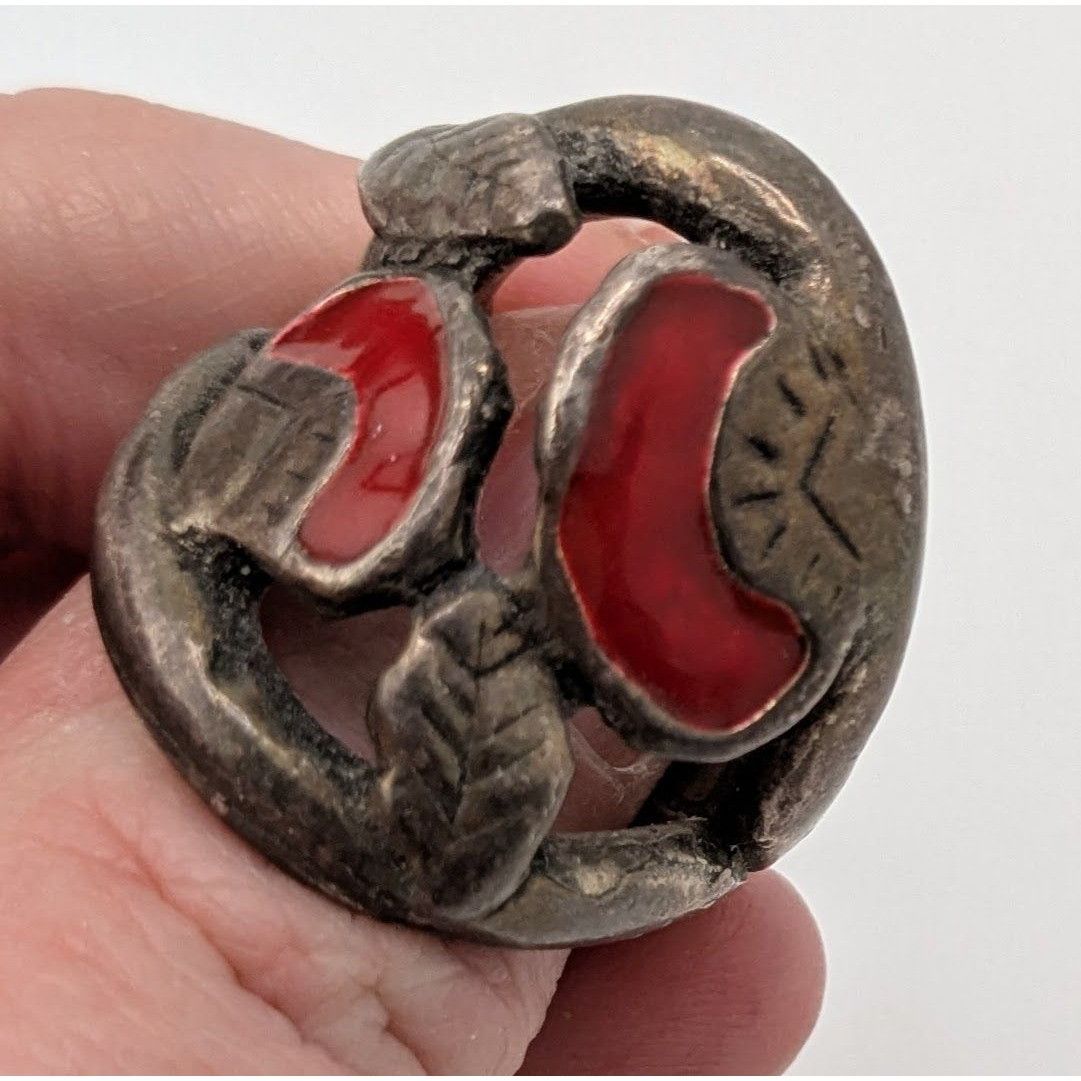 Other Vintage Artisan Brutalist Floral Silver Tone Ring With Red E Size ONE SIZE - 1 Thumbnail