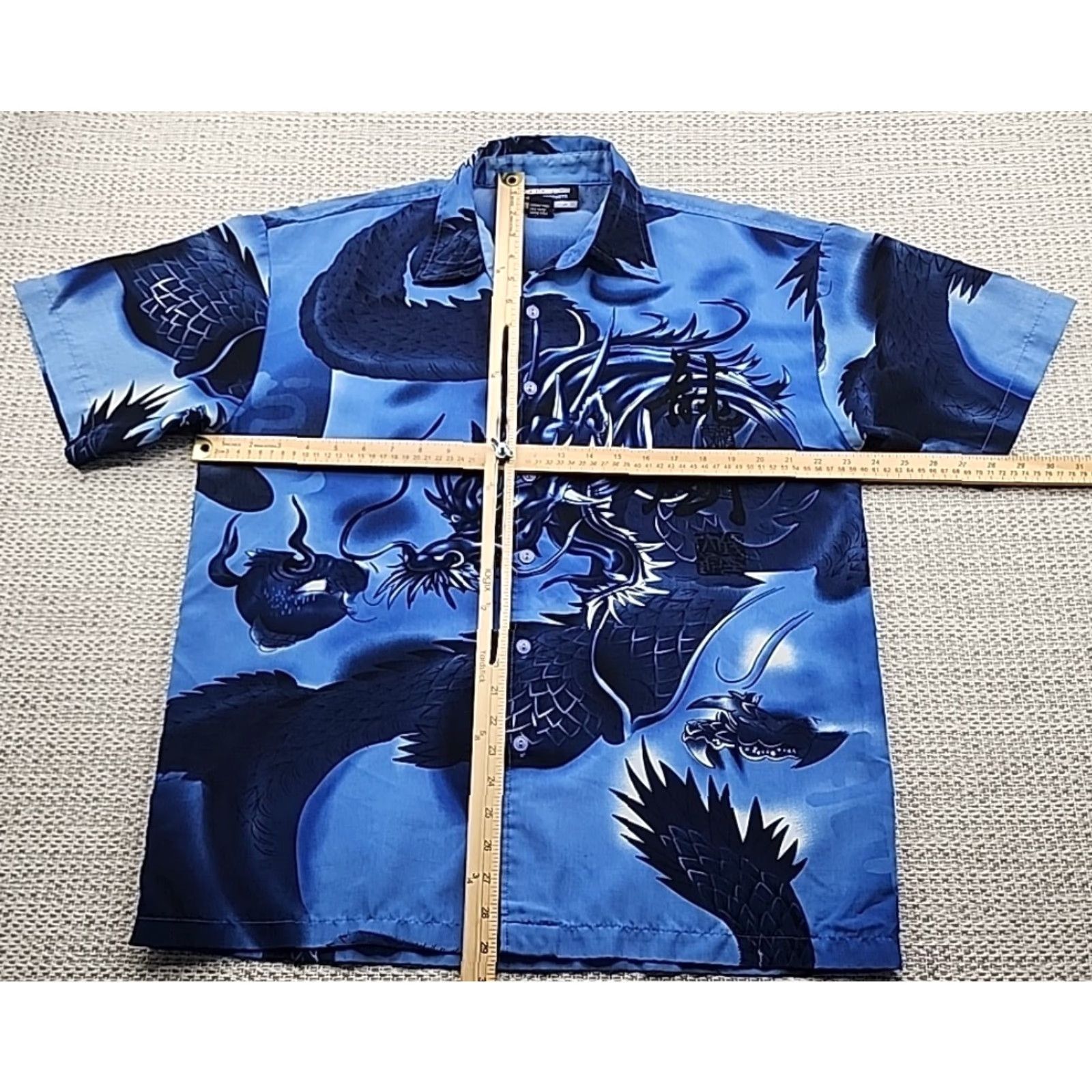 Vintage Yago Button Up Shirt Mens Small Blue Dragon Short Sleeve Asian Tribal Casual Manga Pattern All Seasons Breathable Lightweight Easy Care Size US S / EU 44-46 / 1 - 7 Thumbnail