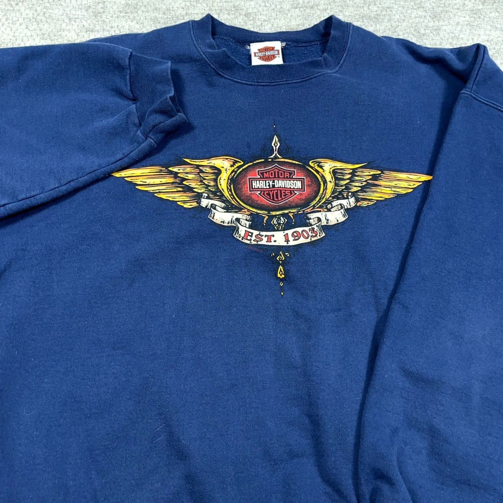 Harley Davidson VINTAGE Harley-Davidson Sweatshirt Men XL Blue Crewneck Spellout Y2K Tattoo Size US XL / EU 56 / 4 - 6 Thumbnail