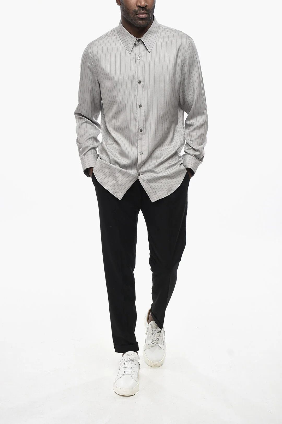 Celine og1mm0426 Striped Silk Shirt in Grey Size US S / EU 44-46 / 1 - 4 Thumbnail