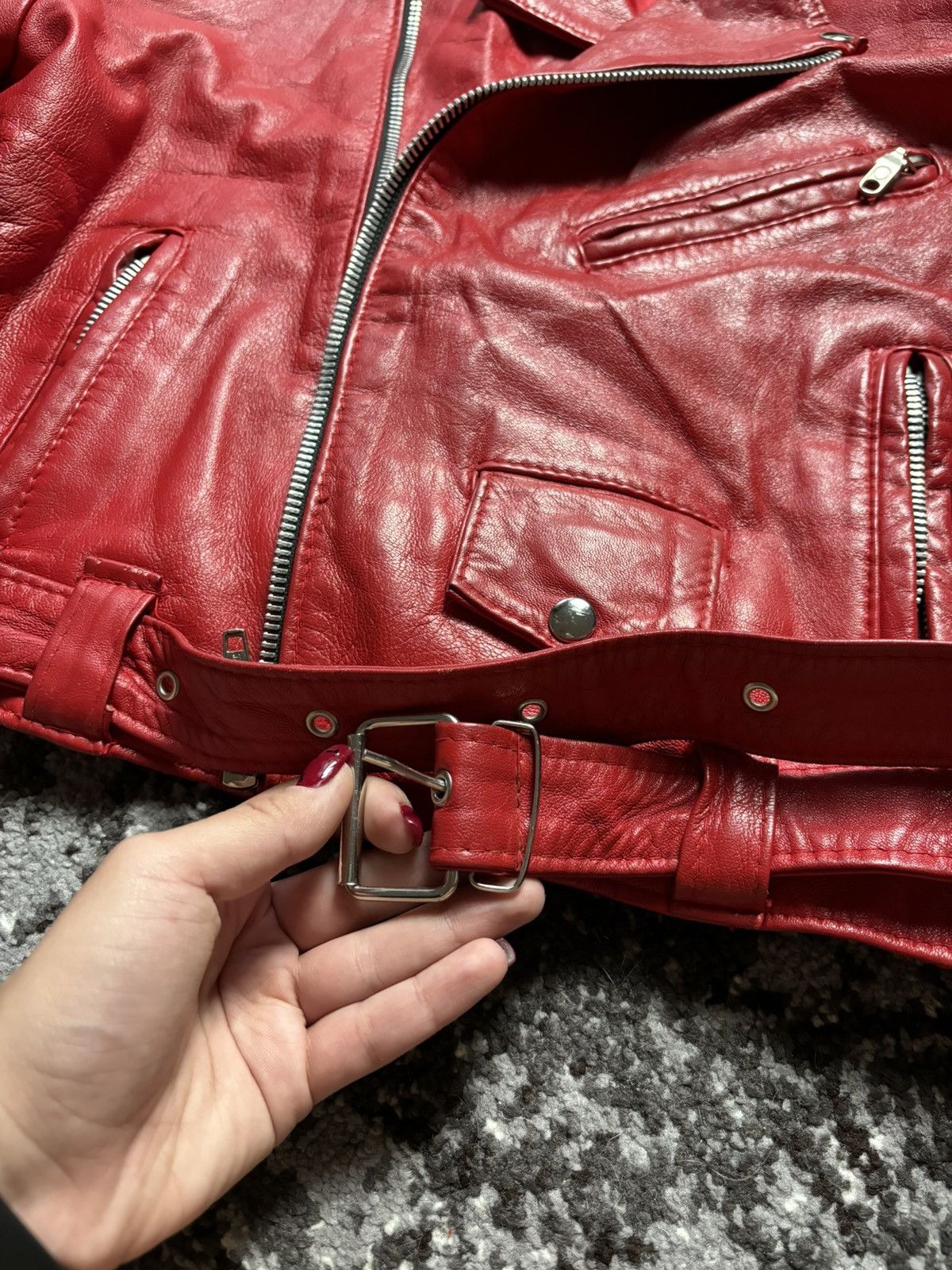 Japanese Brand × Vera Pelle Red leather biker jacket Vera Pelle with silver buckle Size M / US 6-8 / IT 42-44 - 4 Thumbnail