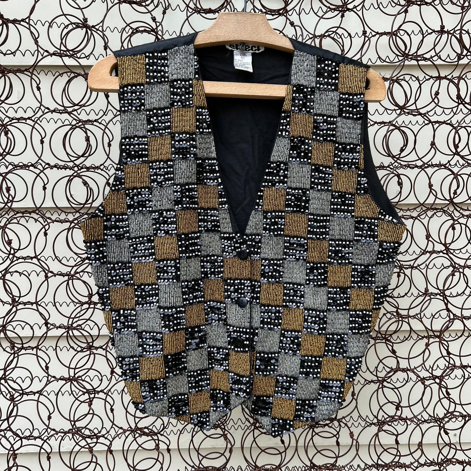 Vintage 80s beaded sequin checkerboard vest gold silver black MEDIUM Size M / US 6-8 / IT 42-44 - 1 Thumbnail