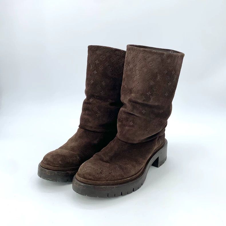 Louis Vuitton Louis Vuitton Dark brown logo print block mid-heel boots Size US 5.5 / EU 38 - 1 Thumbnail
