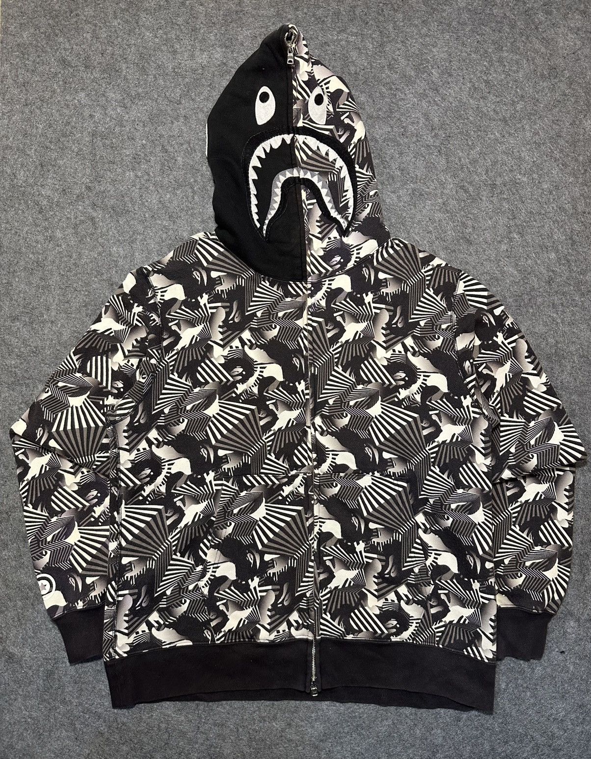 BAPE Dazzle Camo Shark Full Zip Hoodie in black and white.