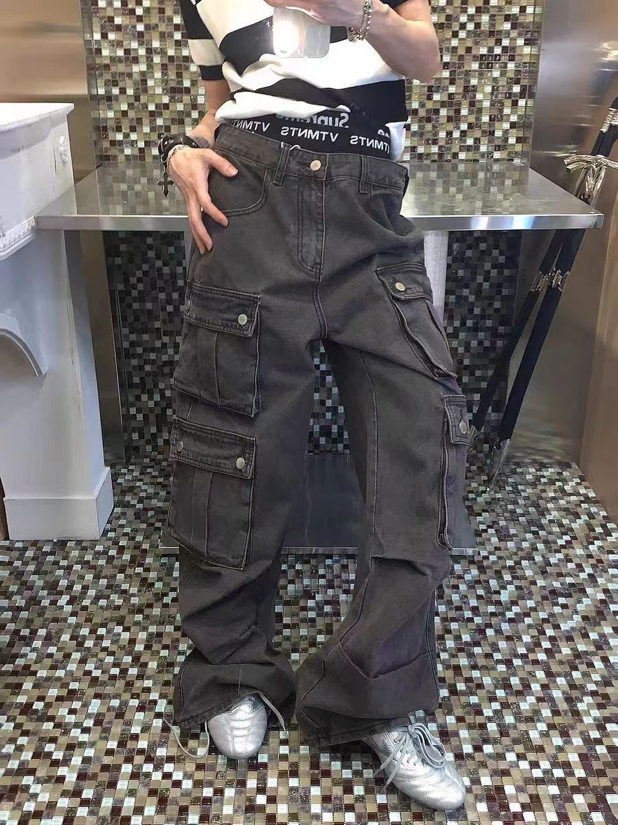 Black Casual Baggy Multi-Pocket Workwear Denim Trousers