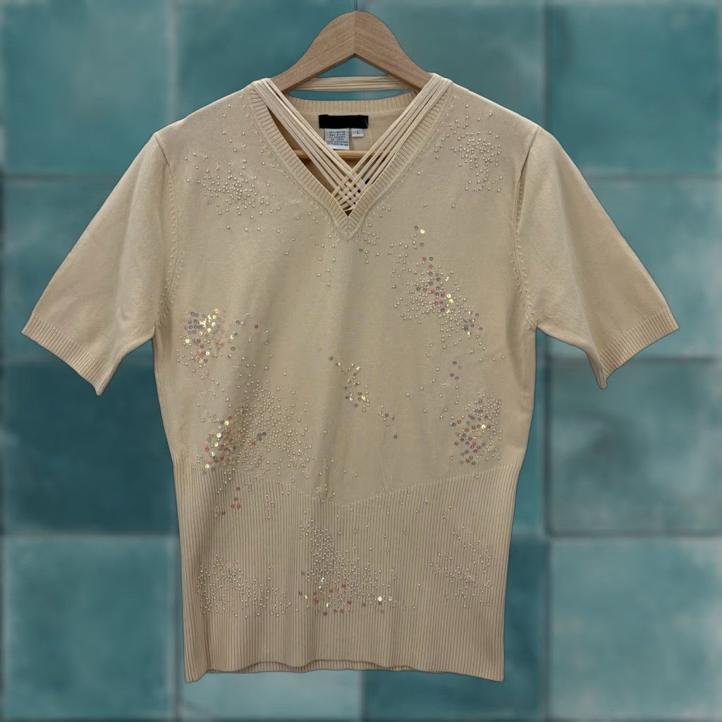 Vintage Radzoli Sweater Womens Large Beige Beaded Sequin V Neck Short Sleeve Knit NWT Size L / US 10 / IT 46 - 1 Thumbnail