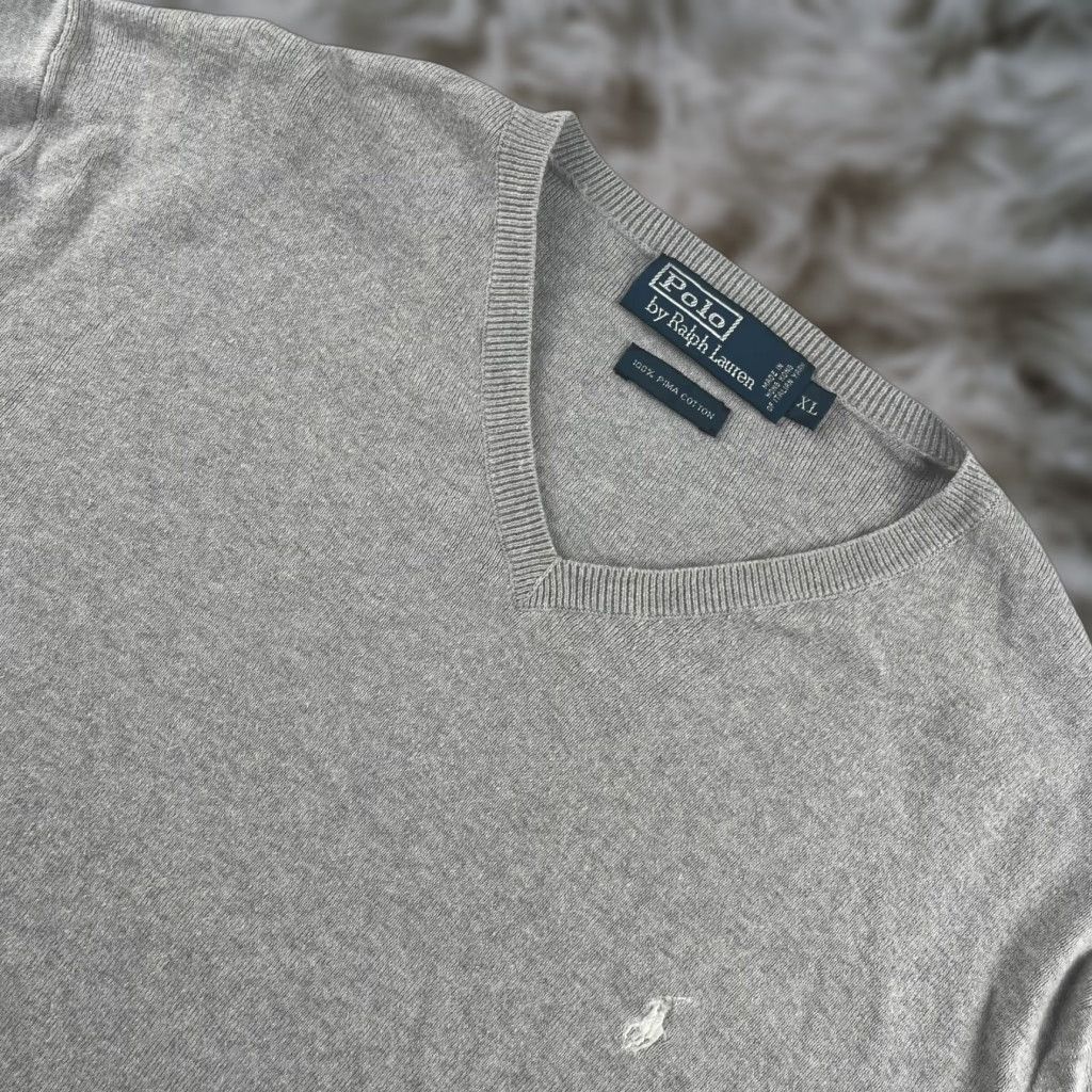 Polo Ralph Lauren Men’s Sweater Shirt V-Neck Cotton Gray XL Embroidered Logo Pullover Man’s Knit Knitwear Jumper Mens
