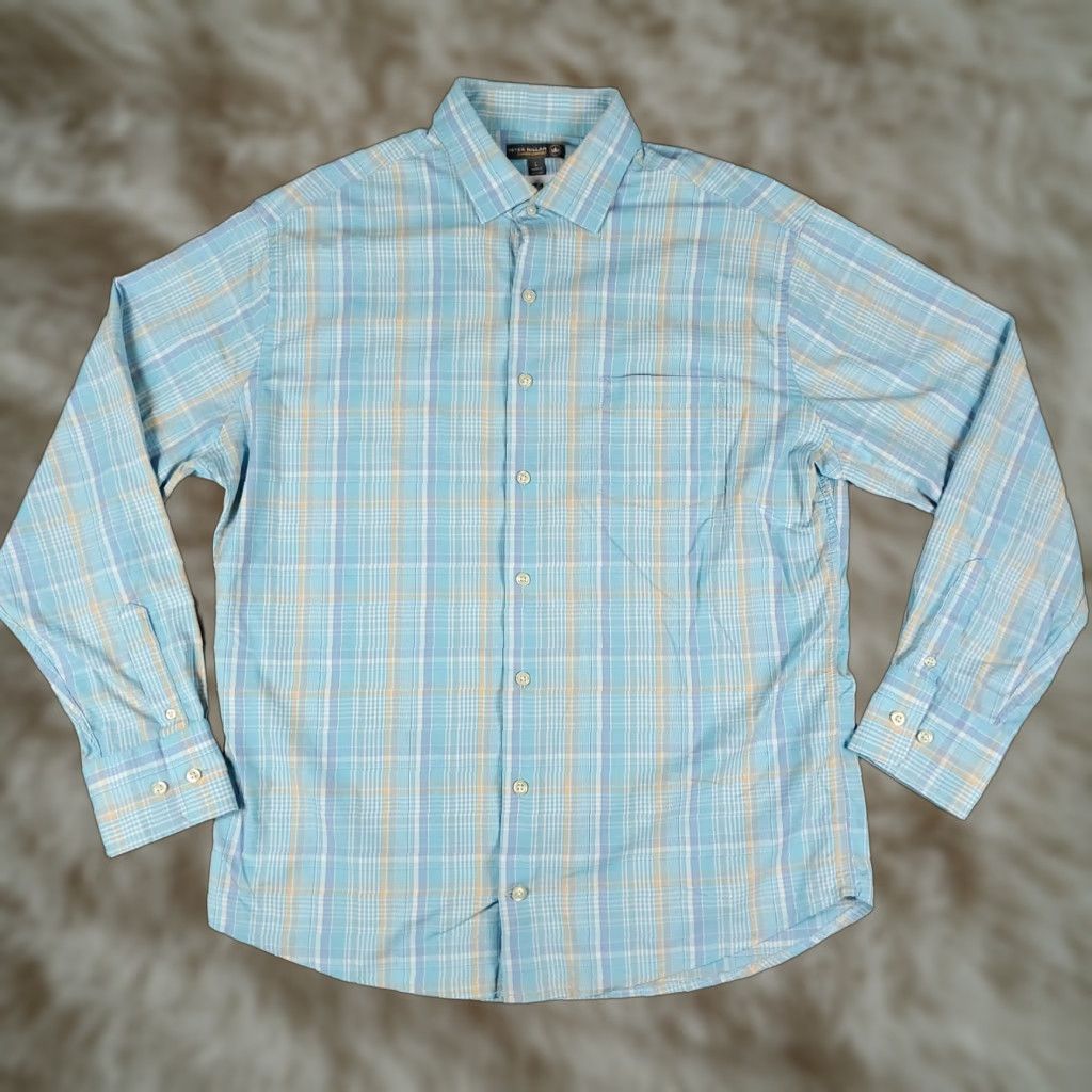 Peter Millar Peter Millar Shirt Mens Large Blue Plaid Nylon Summer Comfort Button Up Collared Long Sleeve Size US L / EU 52-54 / 3 - 1 Thumbnail
