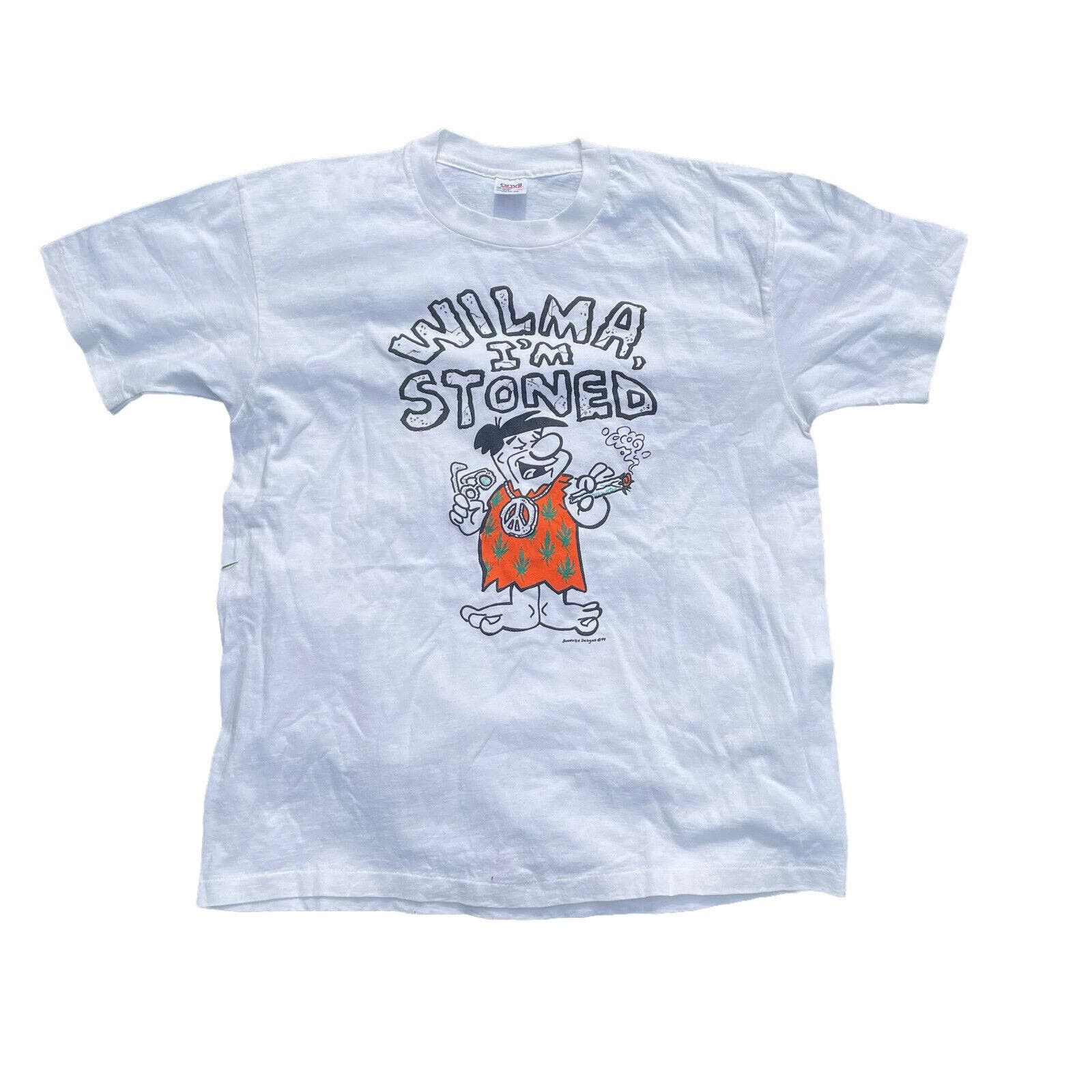 Image of Anvil VTG 90’S Fred Flintstone "wilma I'm Stoned" T Shirt XL Usa in White, Men's