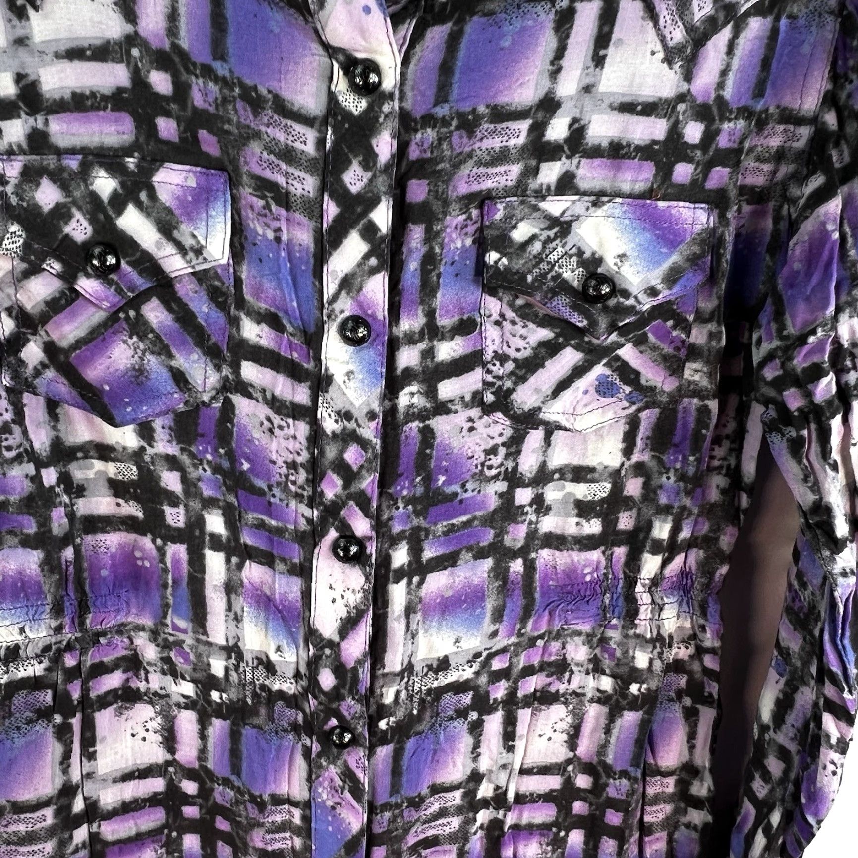 Wrangler Wrangler 47 Button-Up Shirt Dress Womens S Purple Long Sleeve V-Neck Geometric Chambray Rock Theme Button-Front Tunic Dress S Womens Size S / US 4 / IT 40 - 3 Thumbnail