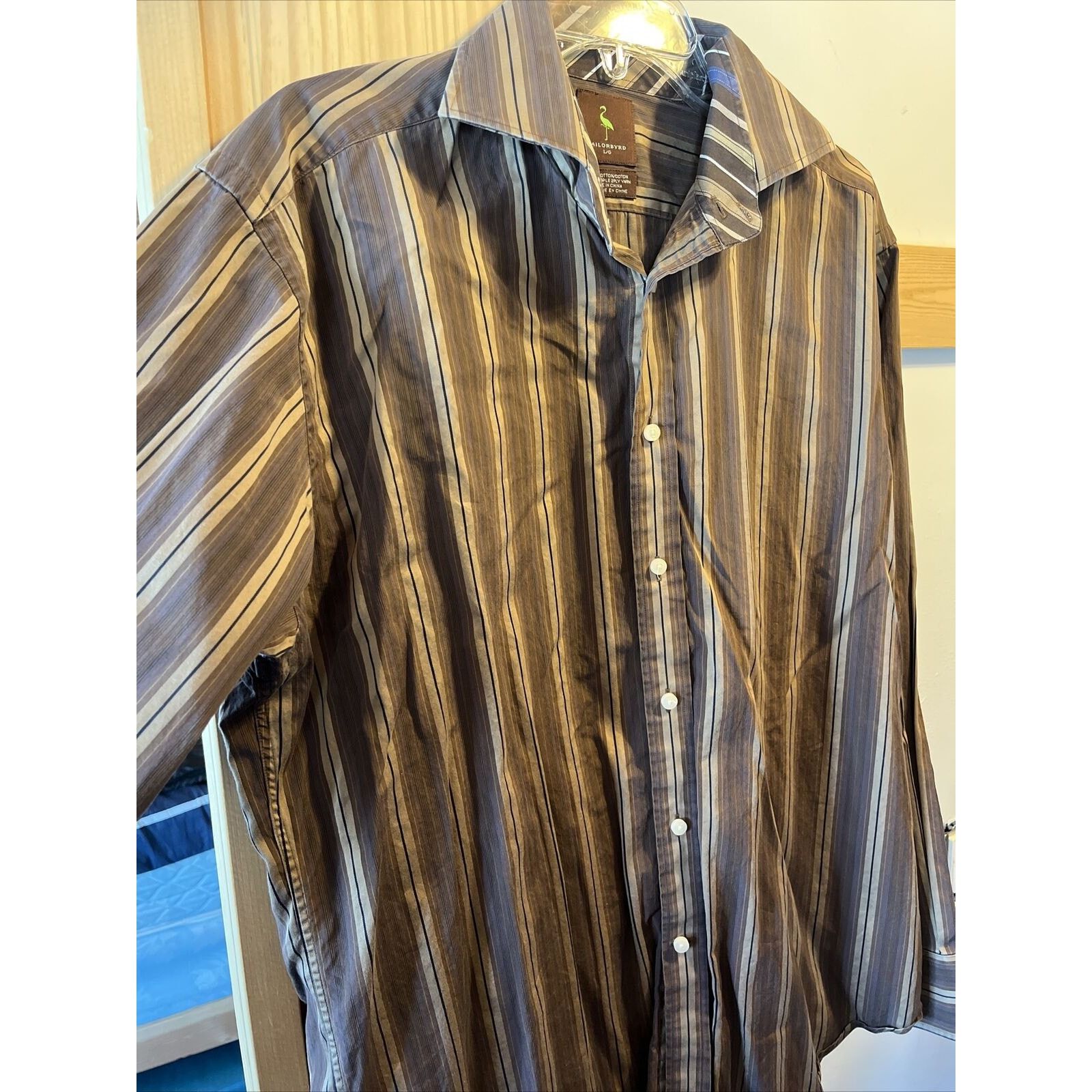 Tailorbyrd TAILORBYRD Men L Striped Brown Gold Long Sleeve cotton Shirt Size US L / EU 52-54 / 3 - 4 Thumbnail
