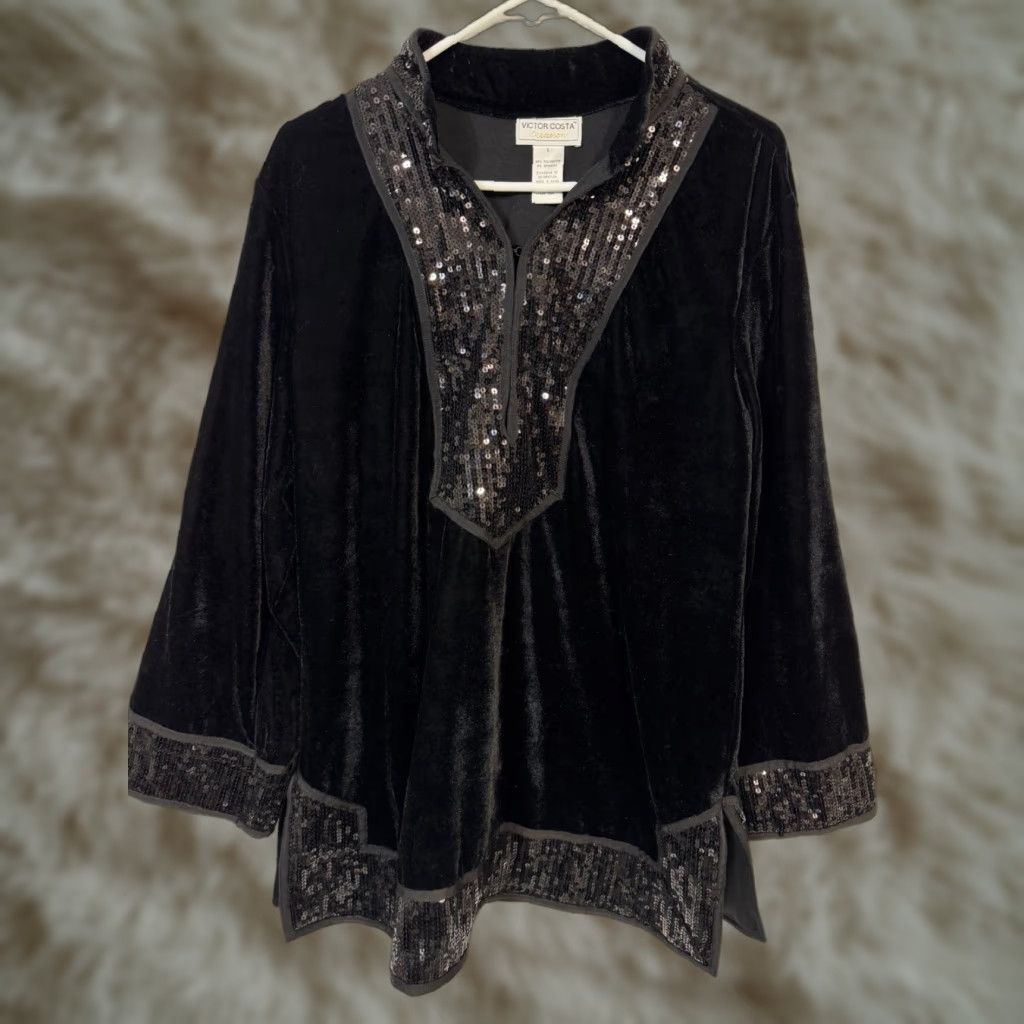 Vintage Victor Costa Black Velvet Sequin Tunic Top L Black Adult Womens Tunic Velvet Sequin Gothic Size L / US 10 / IT 46 - 1 Thumbnail