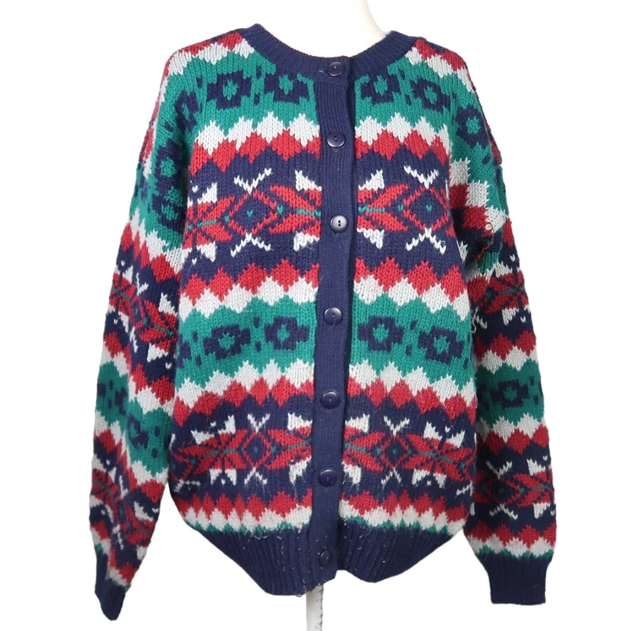 Vintage VINTAGE Persuasion Cardigan Sweater Geometric Knit Navy Blue Teal M Womens 90s Size M / US 6-8 / IT 42-44 - 2 Thumbnail